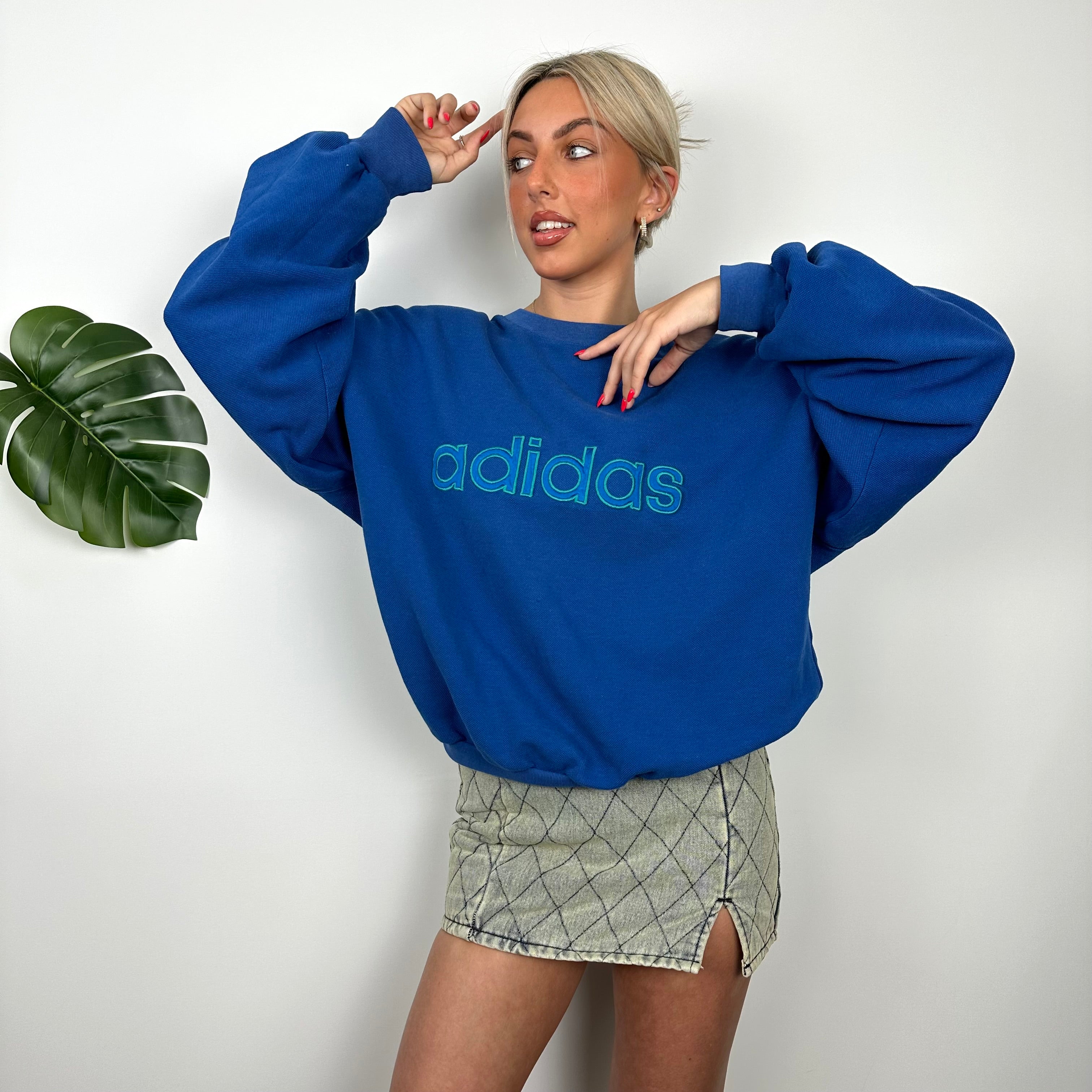 Adidas Blue Embroidered Spell Out Sweatshirt (M)