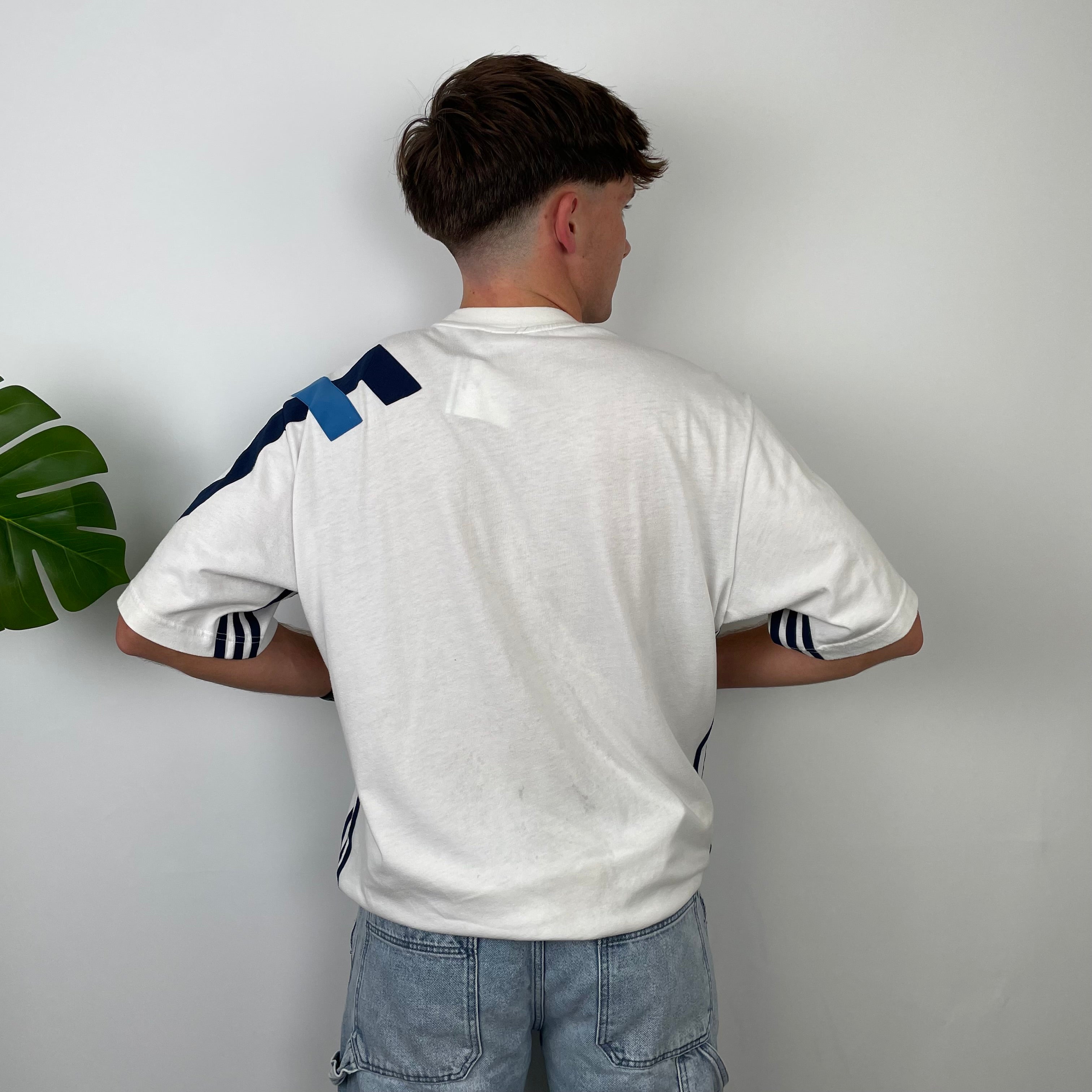 Adidas White Embroidered Spell Out Colour Block T Shirt (XL)