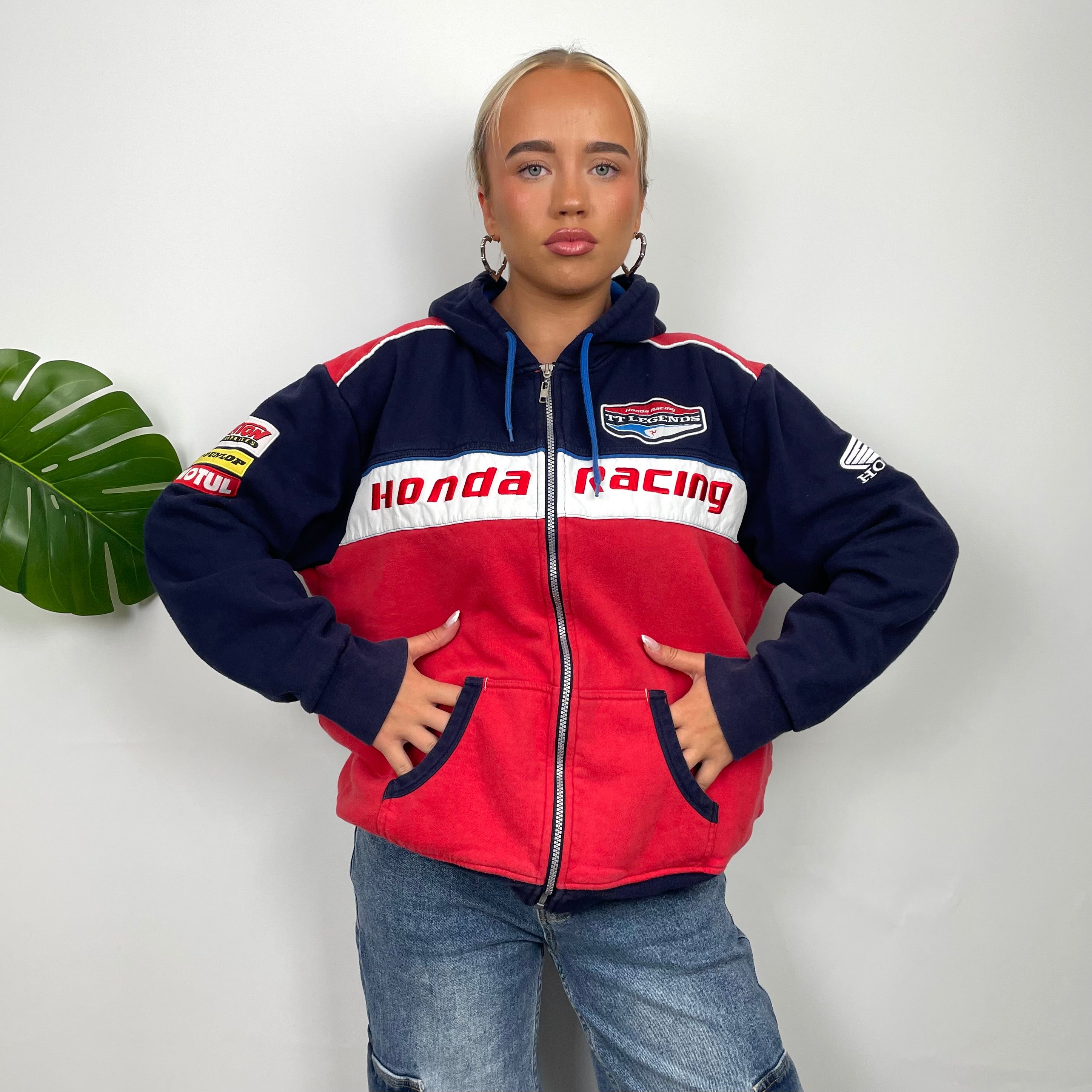 Honda Racing Red Embroidered Spell Out Zip Up Hoodie Jacket (M)