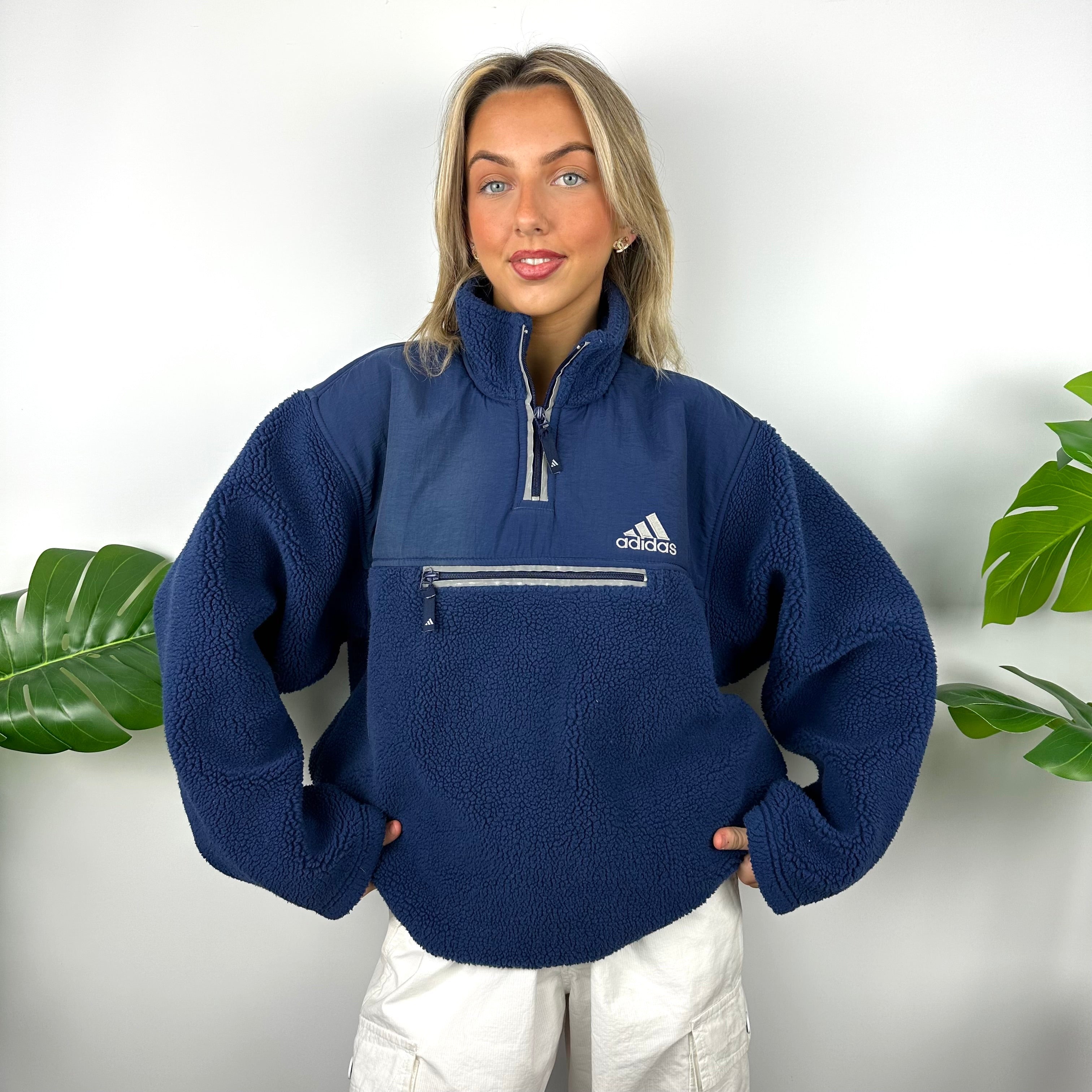 Adidas Navy Embroidered Spell Out Teddy Bear Sherpa Fleece Quarter Zip Sweatshirt (XL)