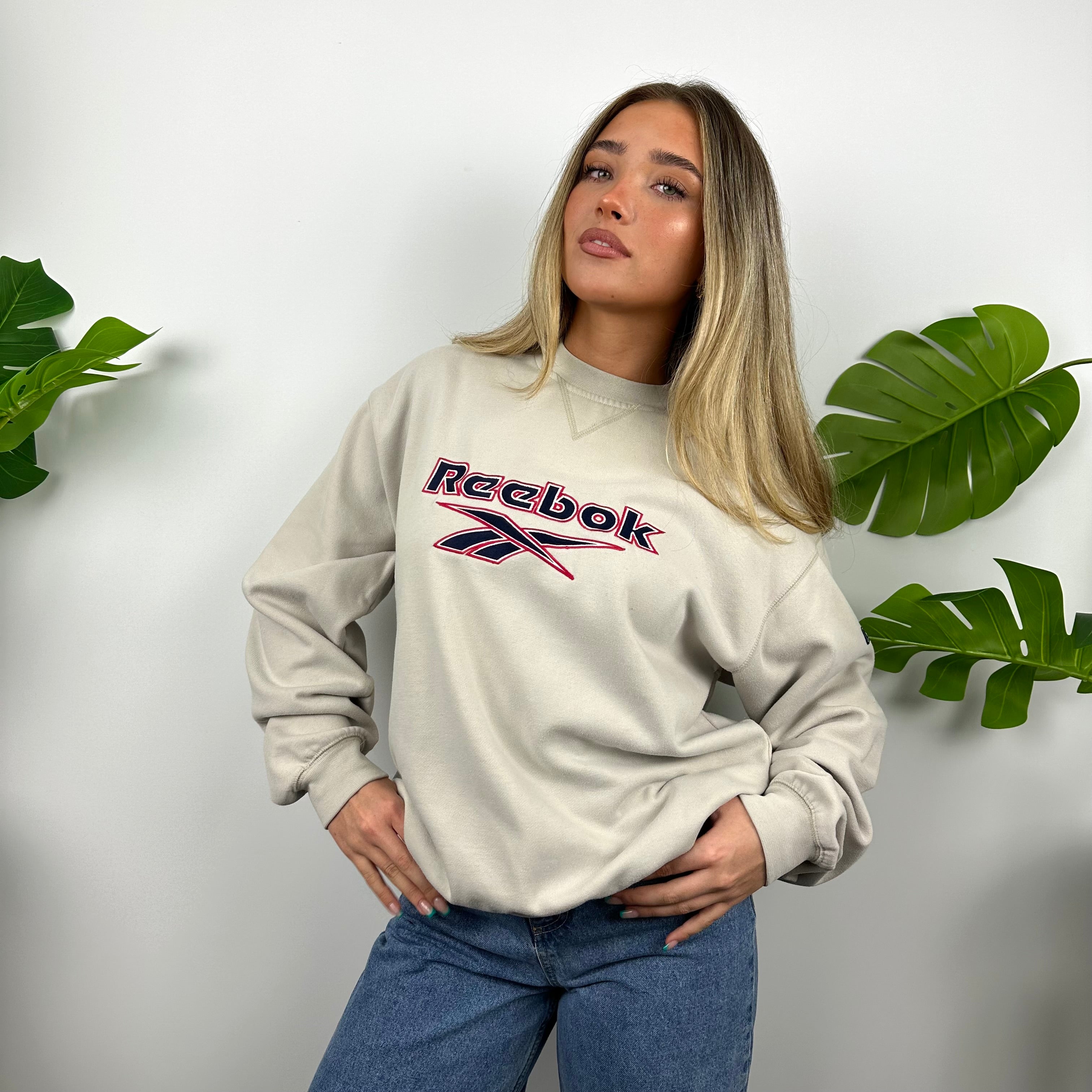 Reebok Cream Embroidered Spell Out Sweatshirt (M)