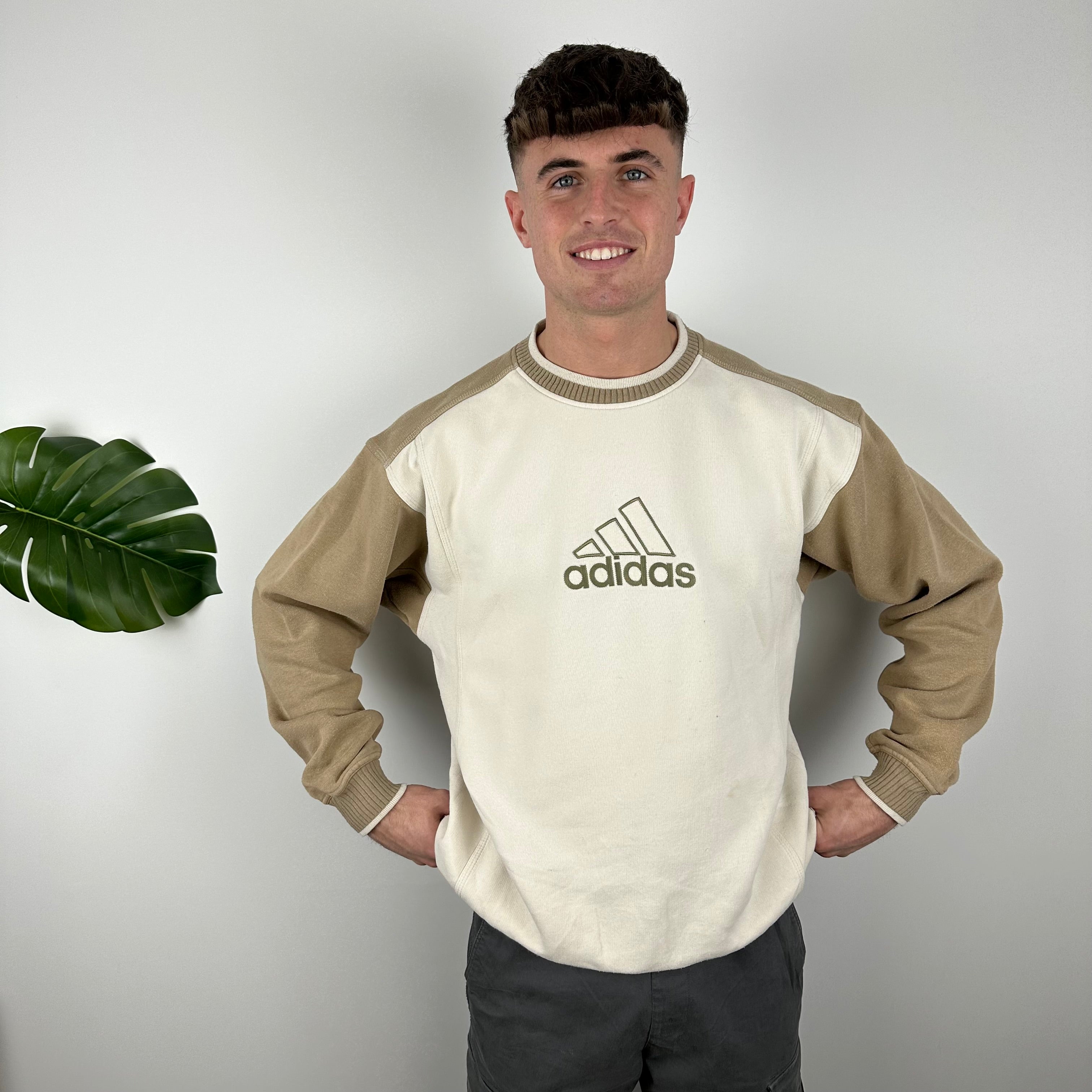 Adidas Cream and Tan Brown Embroidered Spell Out Sweatshirt (M)