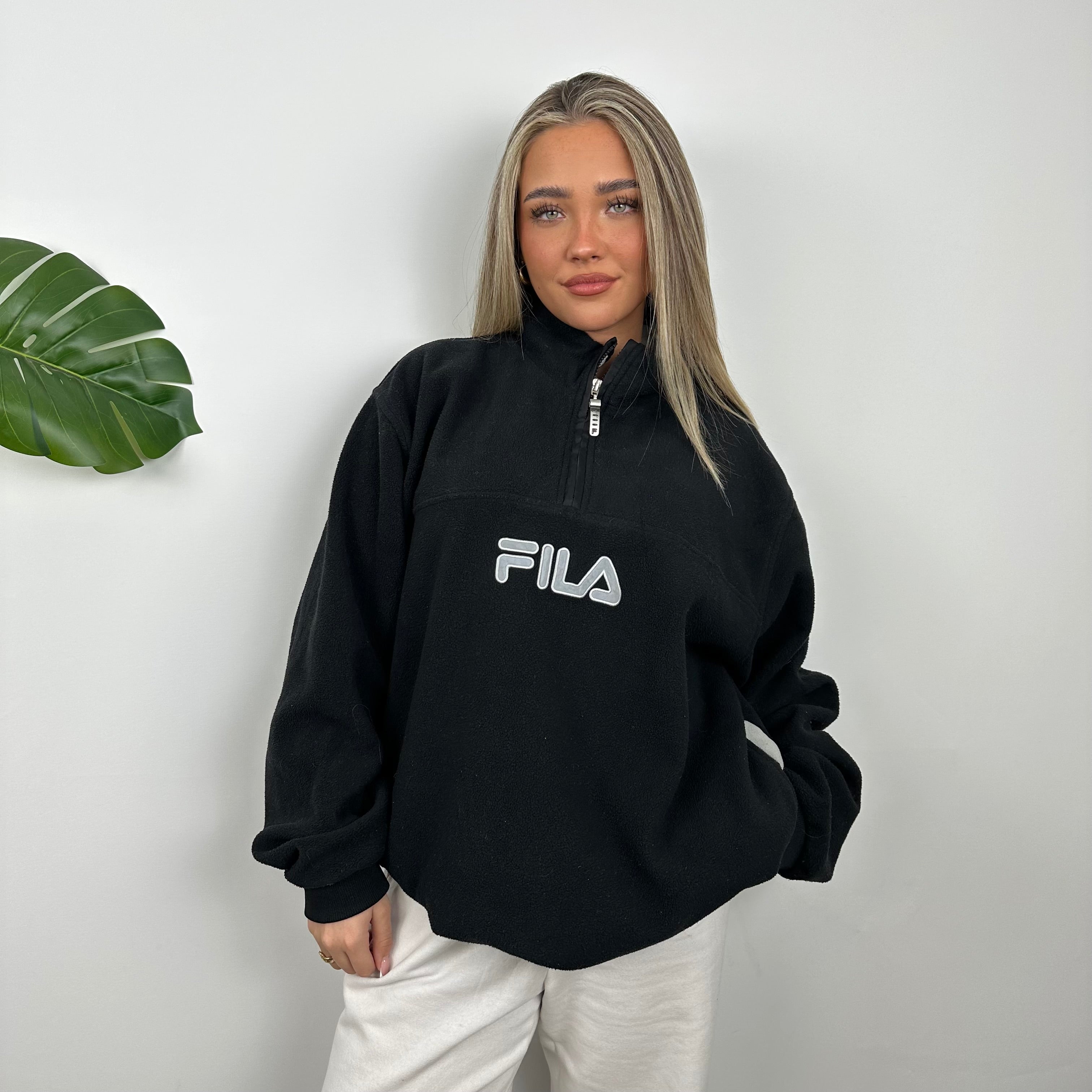 FILA Black Embroidered Spell Out Teddy Bear Fleece Quarter Zip Sweatshirt (XL)