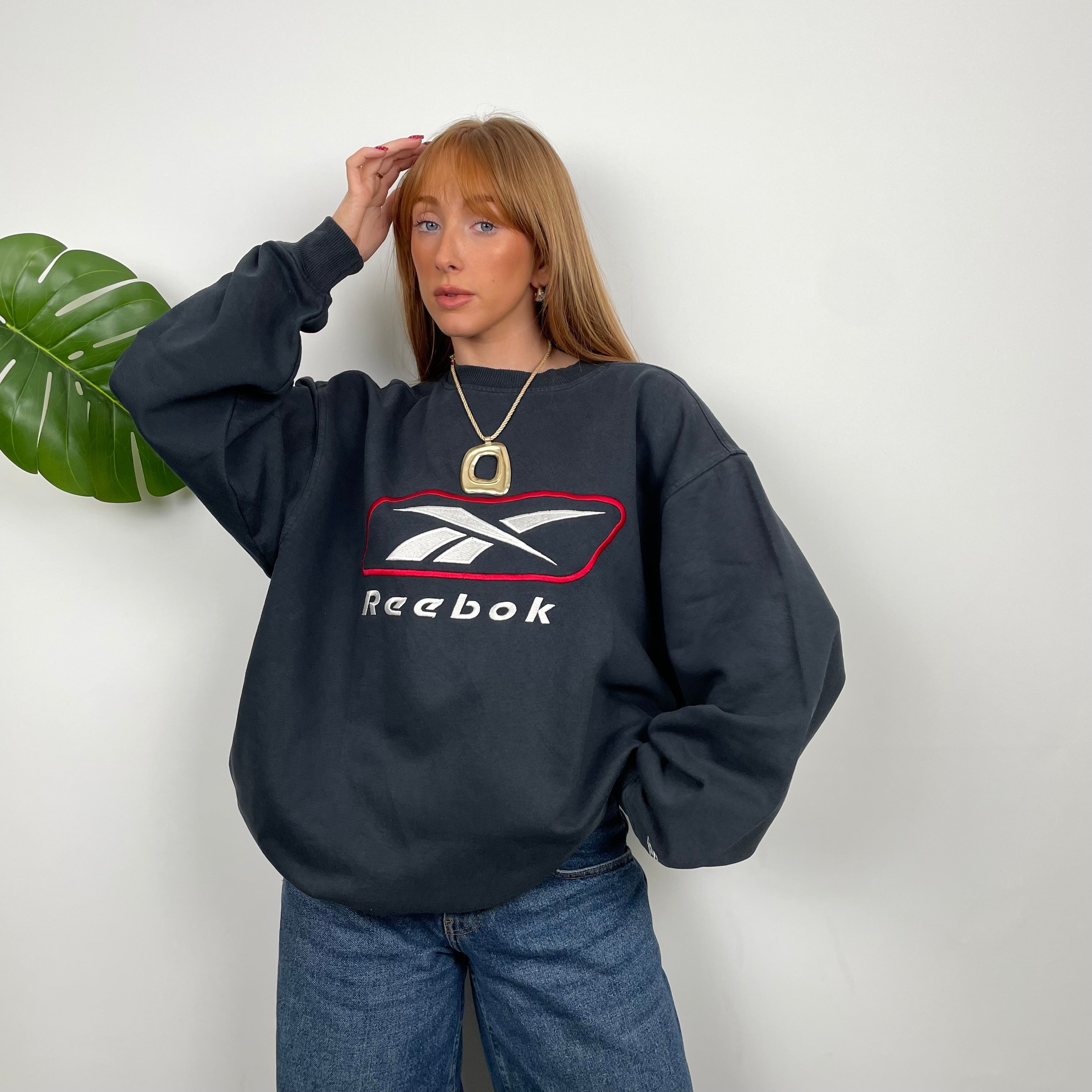 Reebok RARE Black Navy Embroidered Spell Out Sweatshirt
