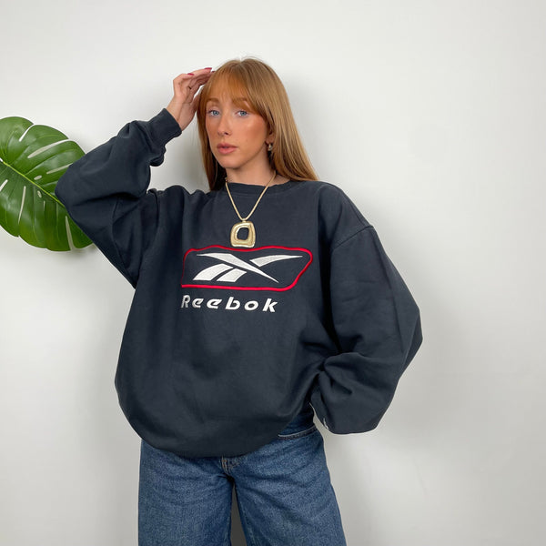 Reebok RARE Black Navy Embroidered Spell Out Sweatshirt