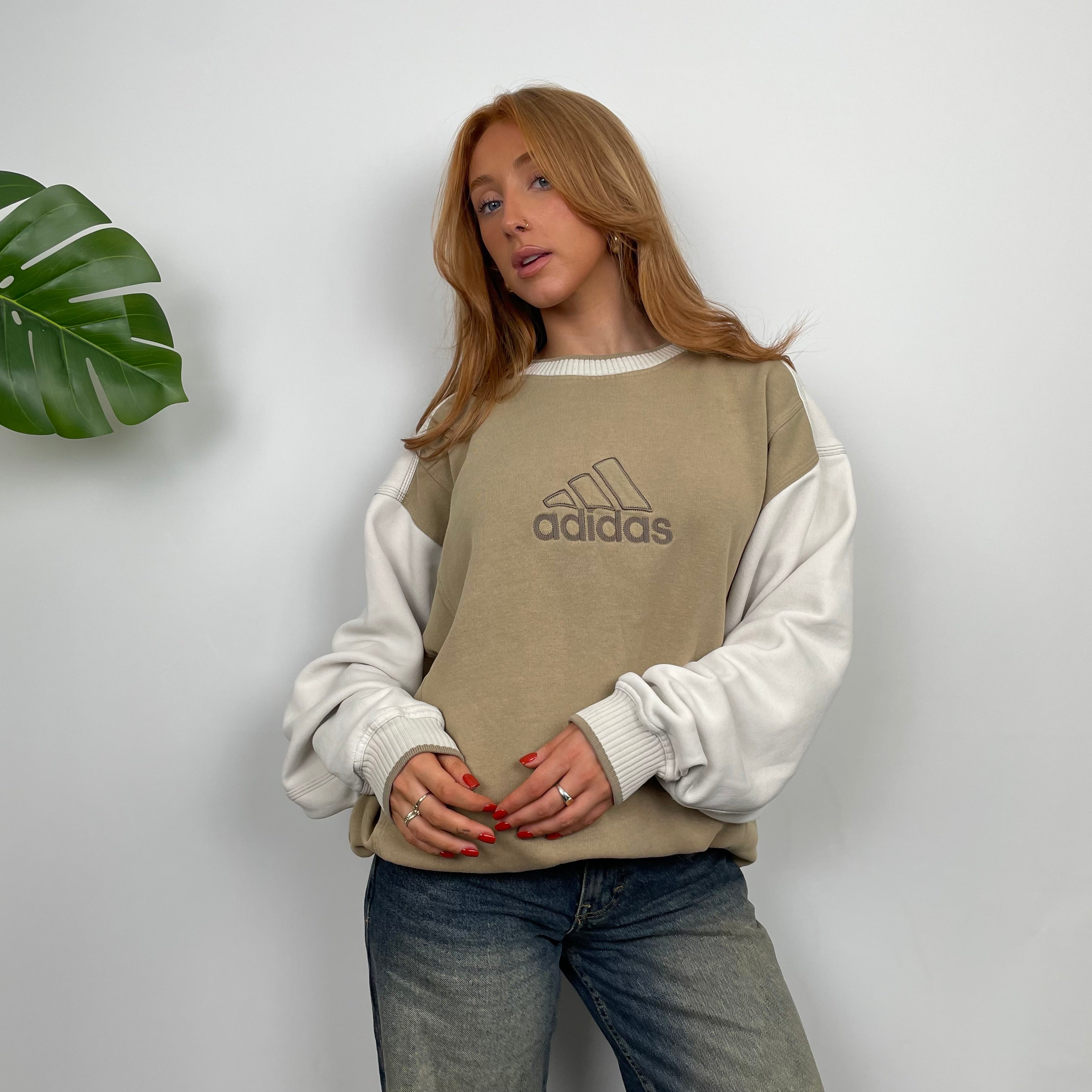 Adidas Cream and Tan Brown Embroidered Spell Out Sweatshirt (M)