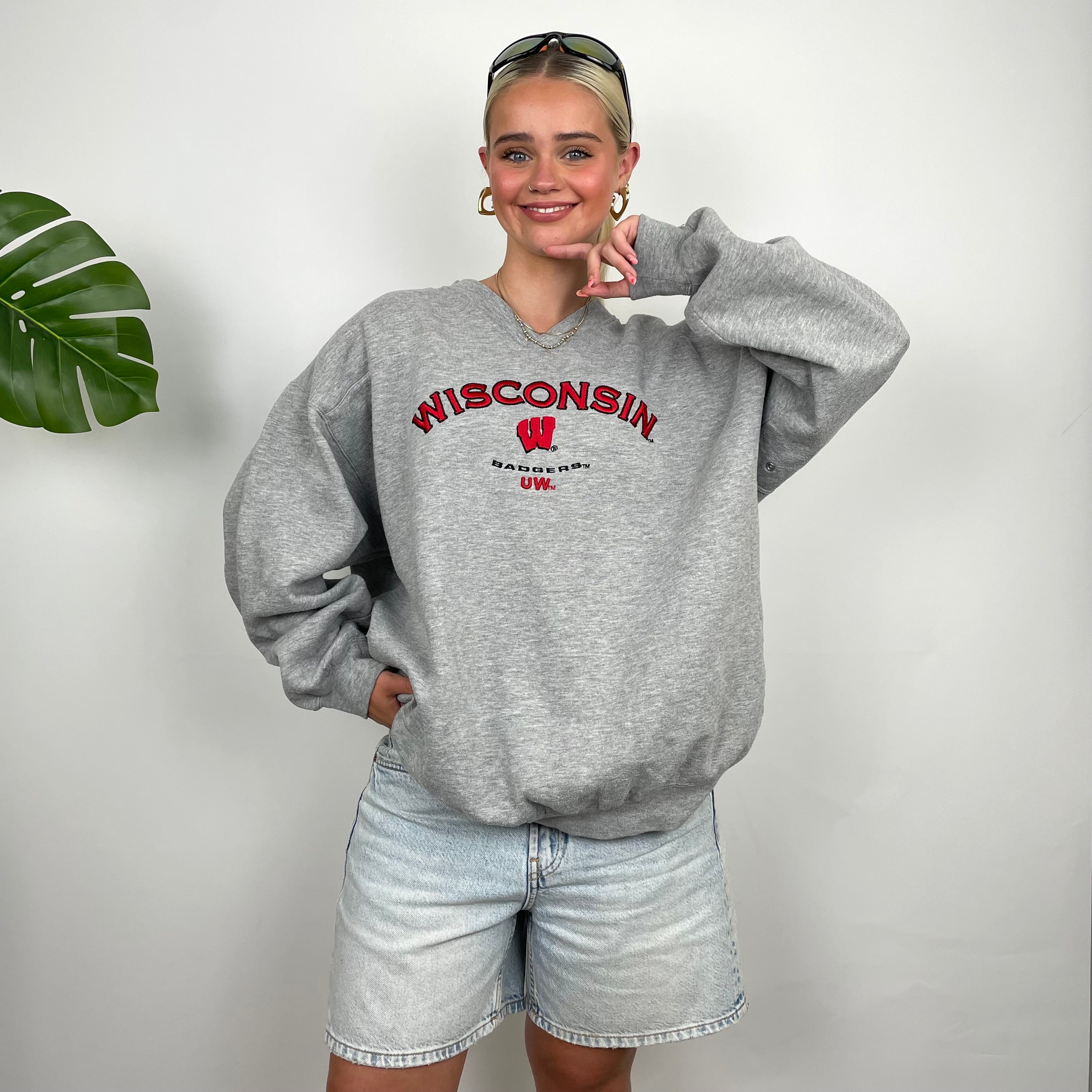 Wisconsin Badgers USA College Grey Embroidered Spell Out Sweatshirt (M)