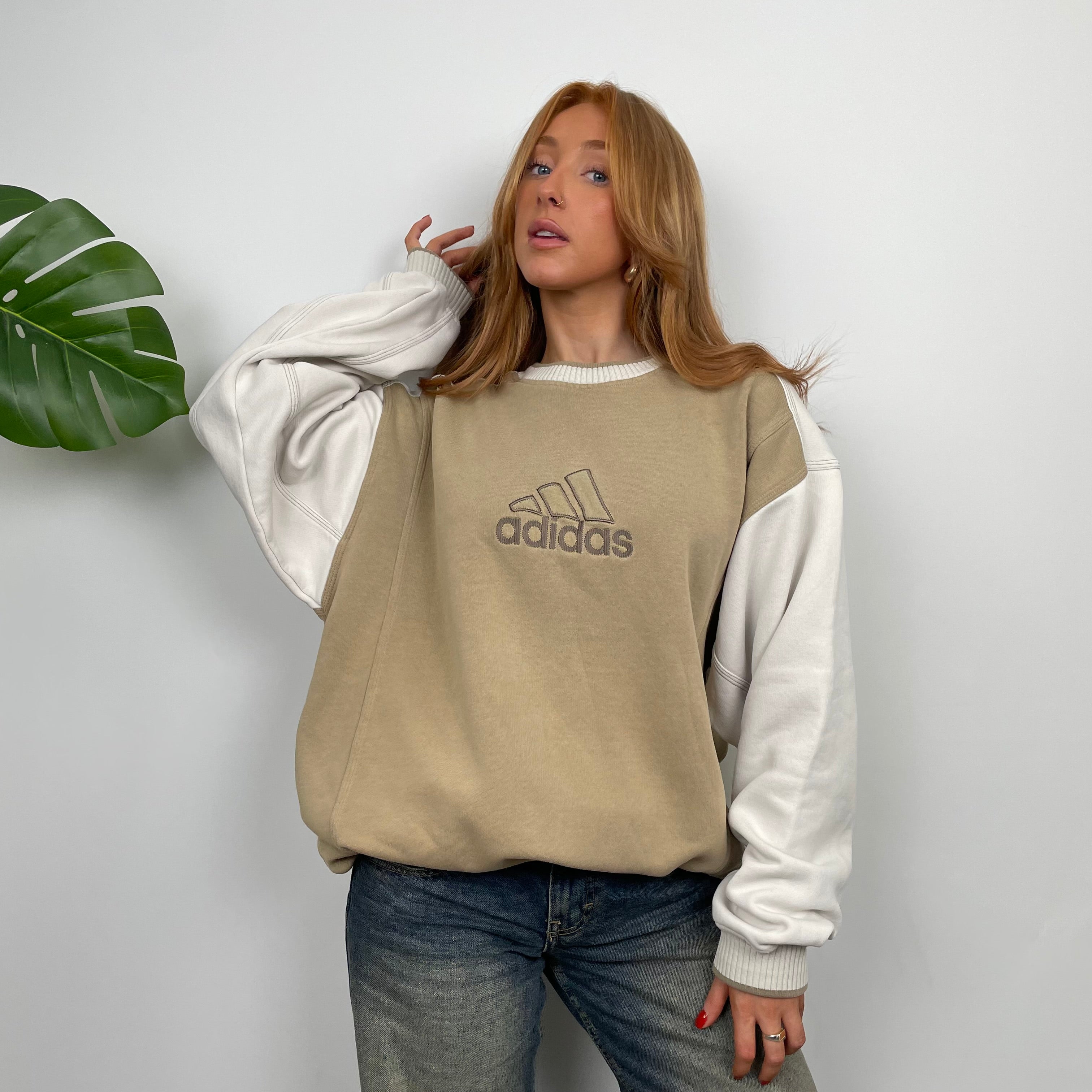 Adidas Cream and Tan Brown Embroidered Spell Out Sweatshirt (M)