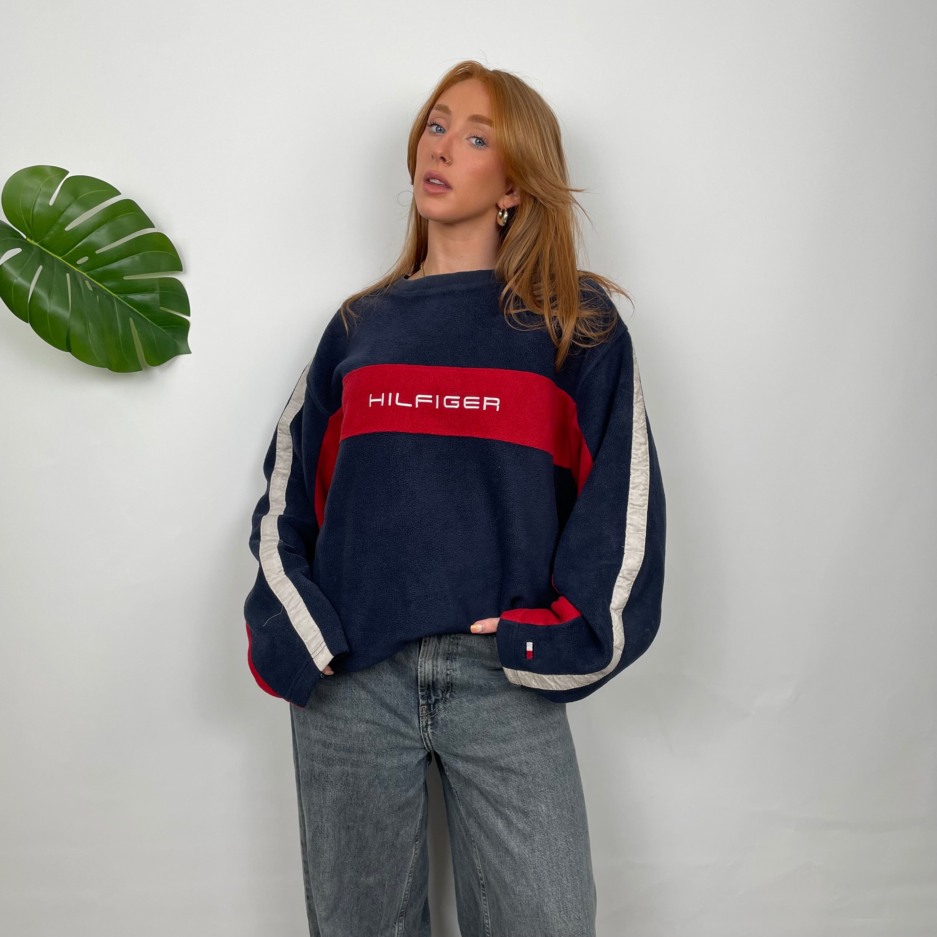 Tommy Hilfiger RARE Navy Embroidered Spell Out Fleece Sweatshirt (M)