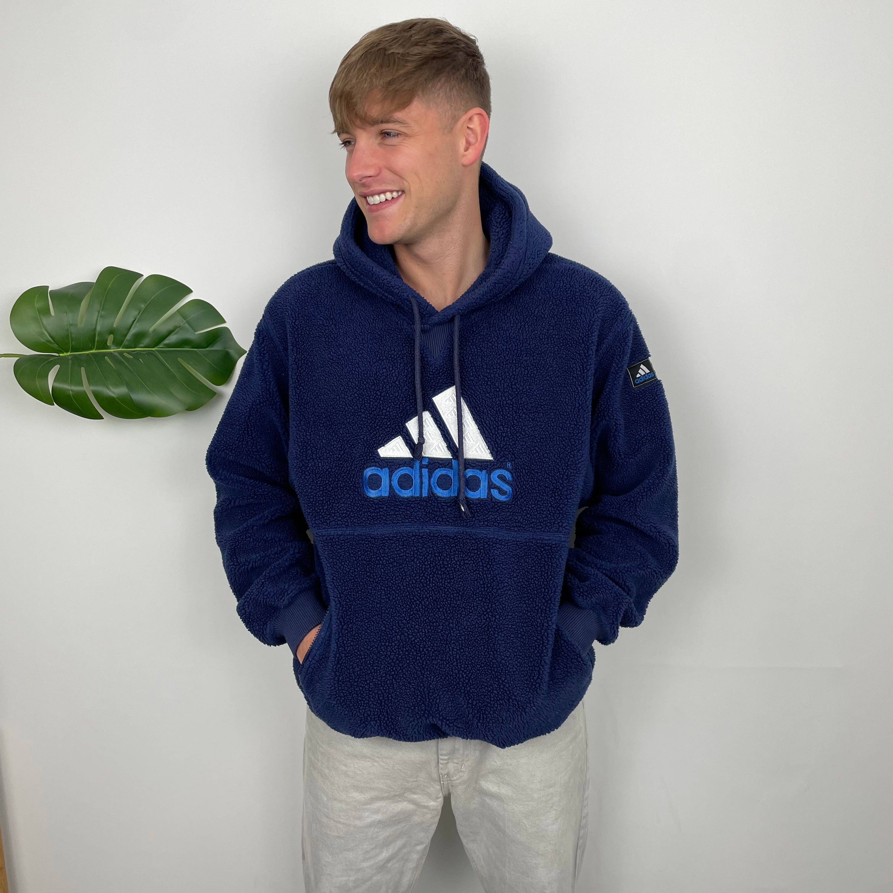 Adidas RARE Navy Embroidered Spell Out Teddy Bear Sherpa Fleece Hoodie (L)