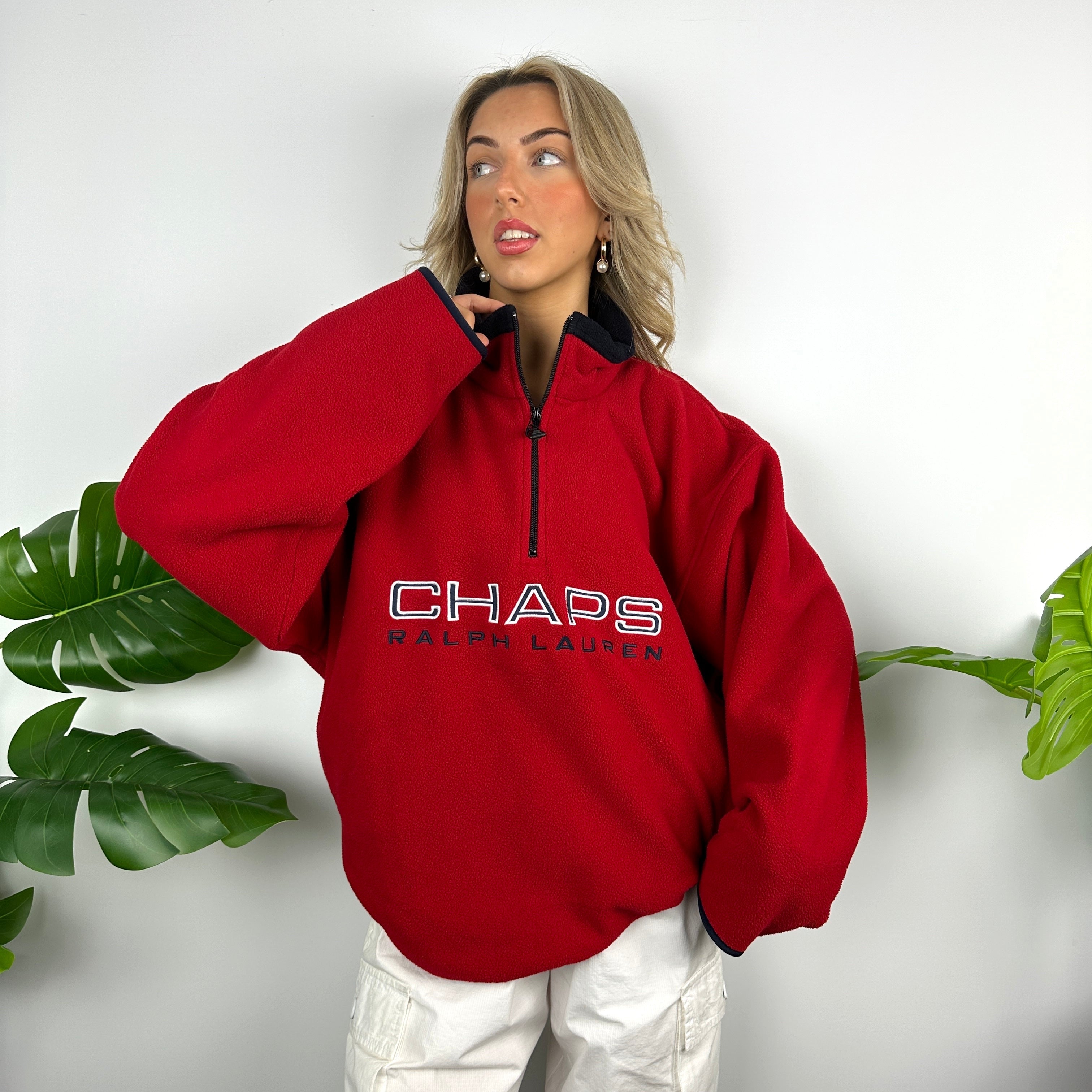 Chaps Ralph Lauren Red Embroidered Spell Out Teddy Bear Fleece Quarter Zip Sweatshirt (L)