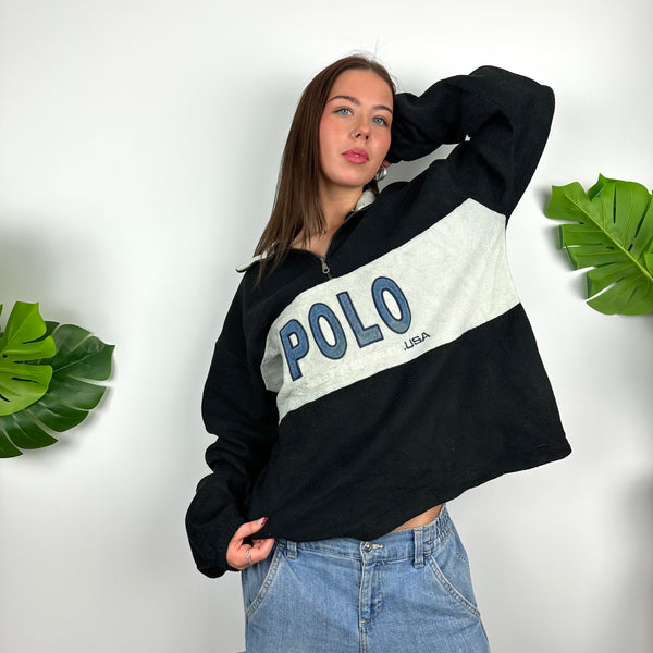 Polo Sport Black & Grey Embroidered Spell Out Fleece Quarter Zip (L)