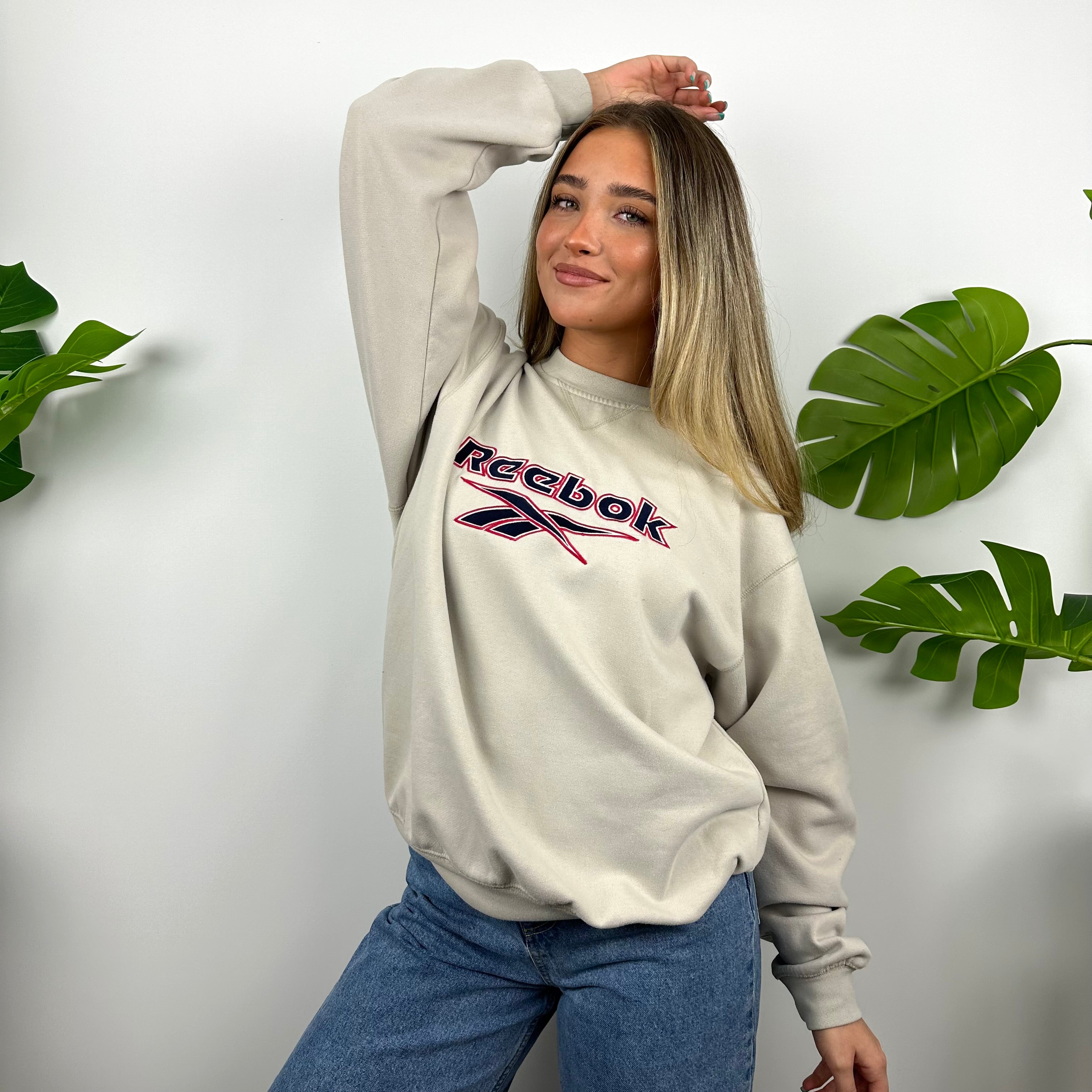 Reebok Cream Embroidered Spell Out Sweatshirt (M)