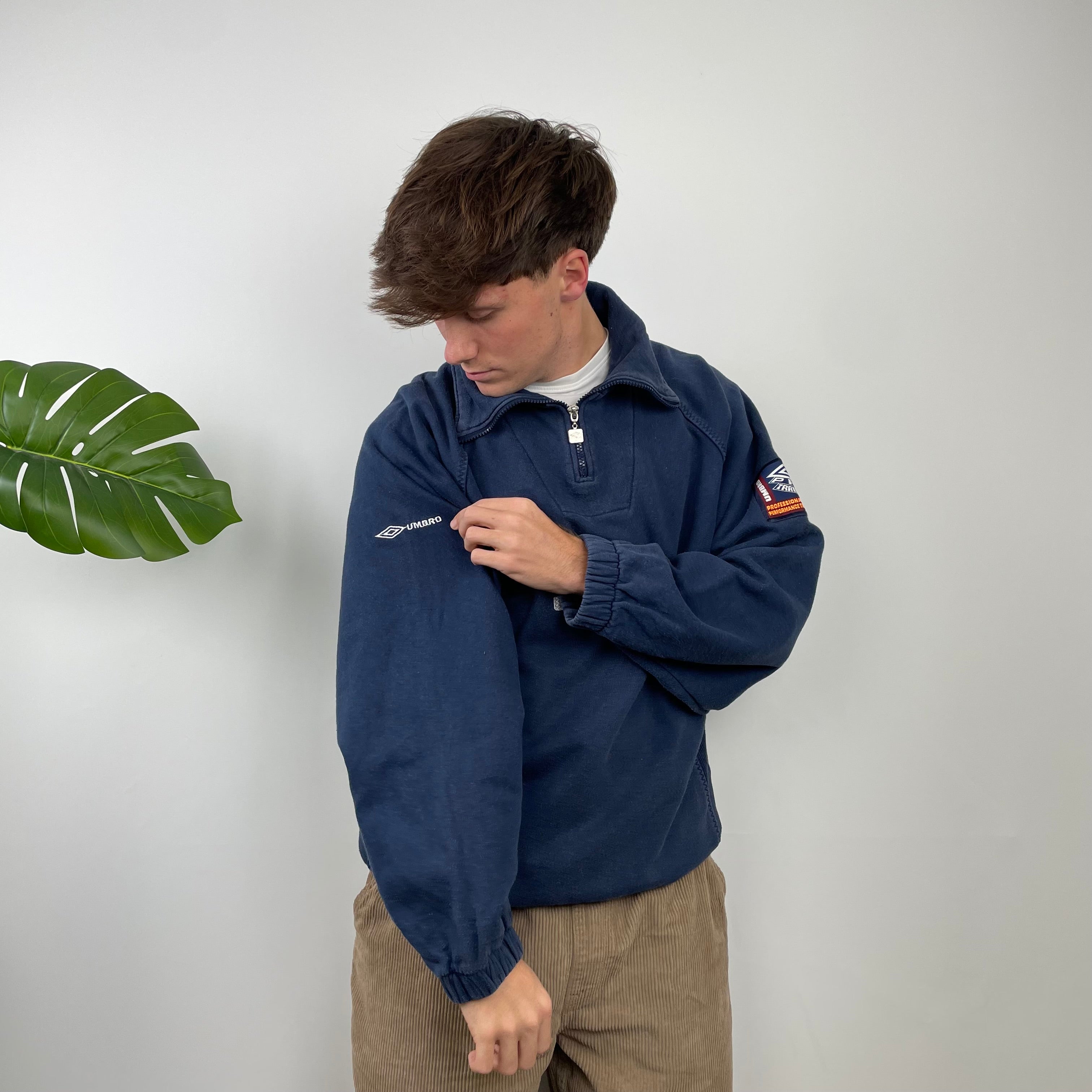 Umbro RARE Navy Embroidered Spell Out Quarter Zip Sweatshirt (L)