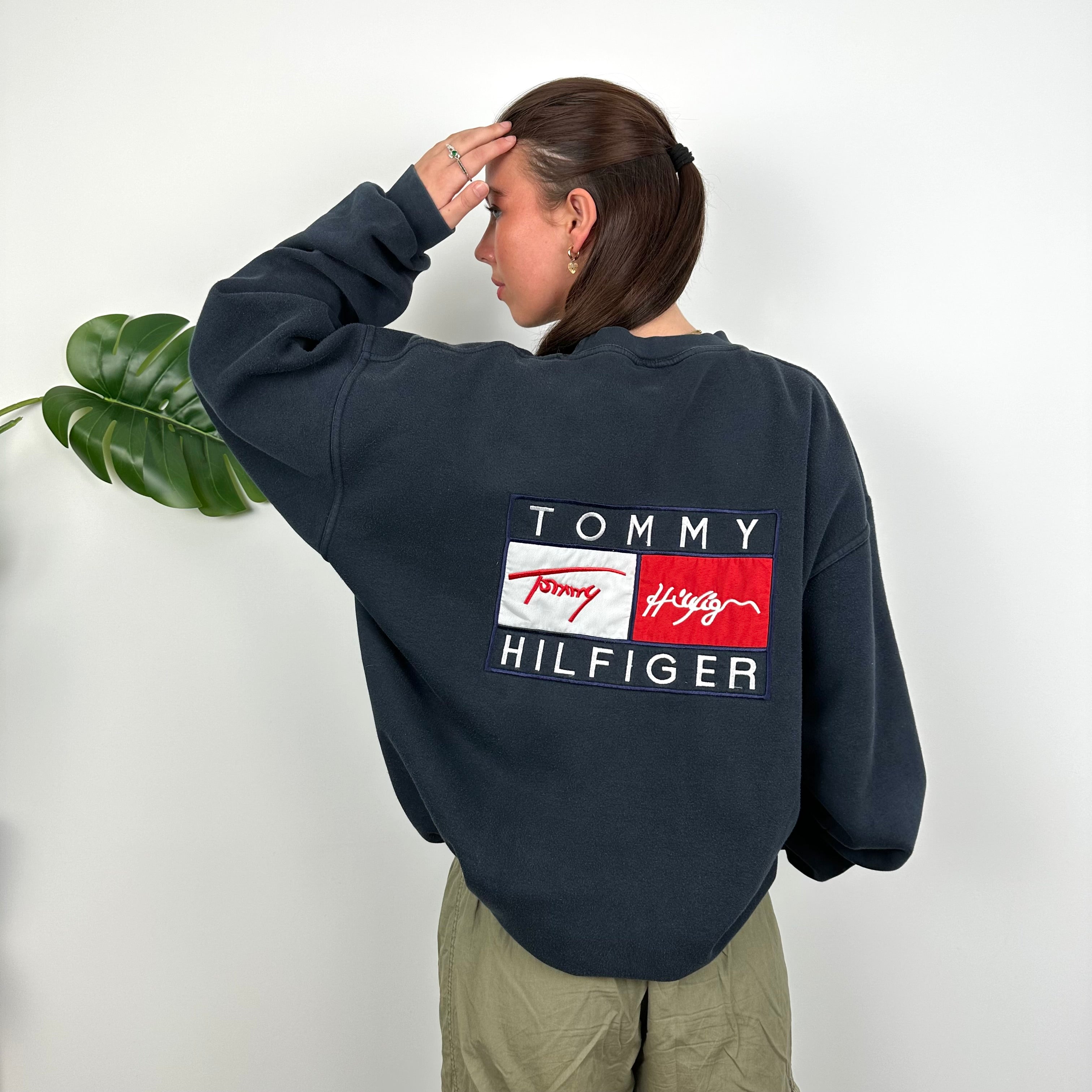 Tommy Hilfiger RARE Navy Embroidered Spell Out Sweatshirt (L)