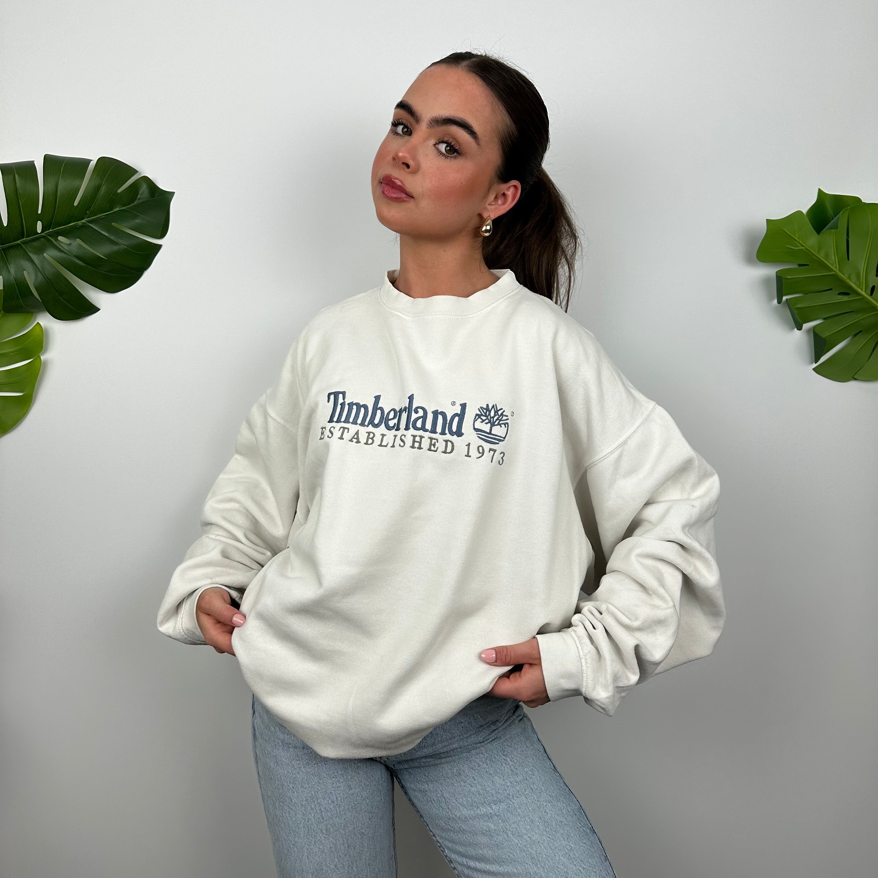 Timberland White Embroidered Spell Out Sweatshirt (M)