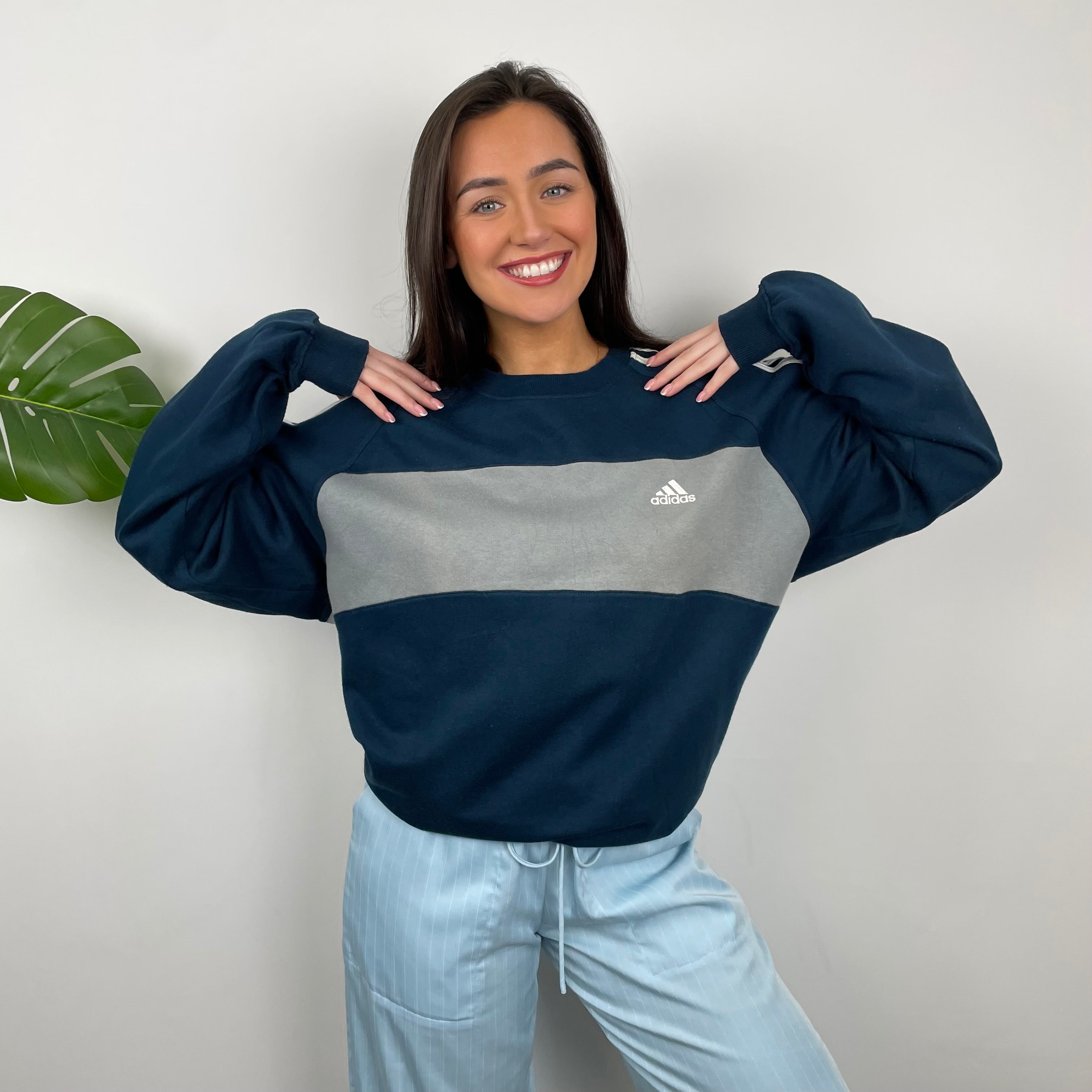 Adidas Grey & Navy Embroidered Spell Out Sweatshirt (L)