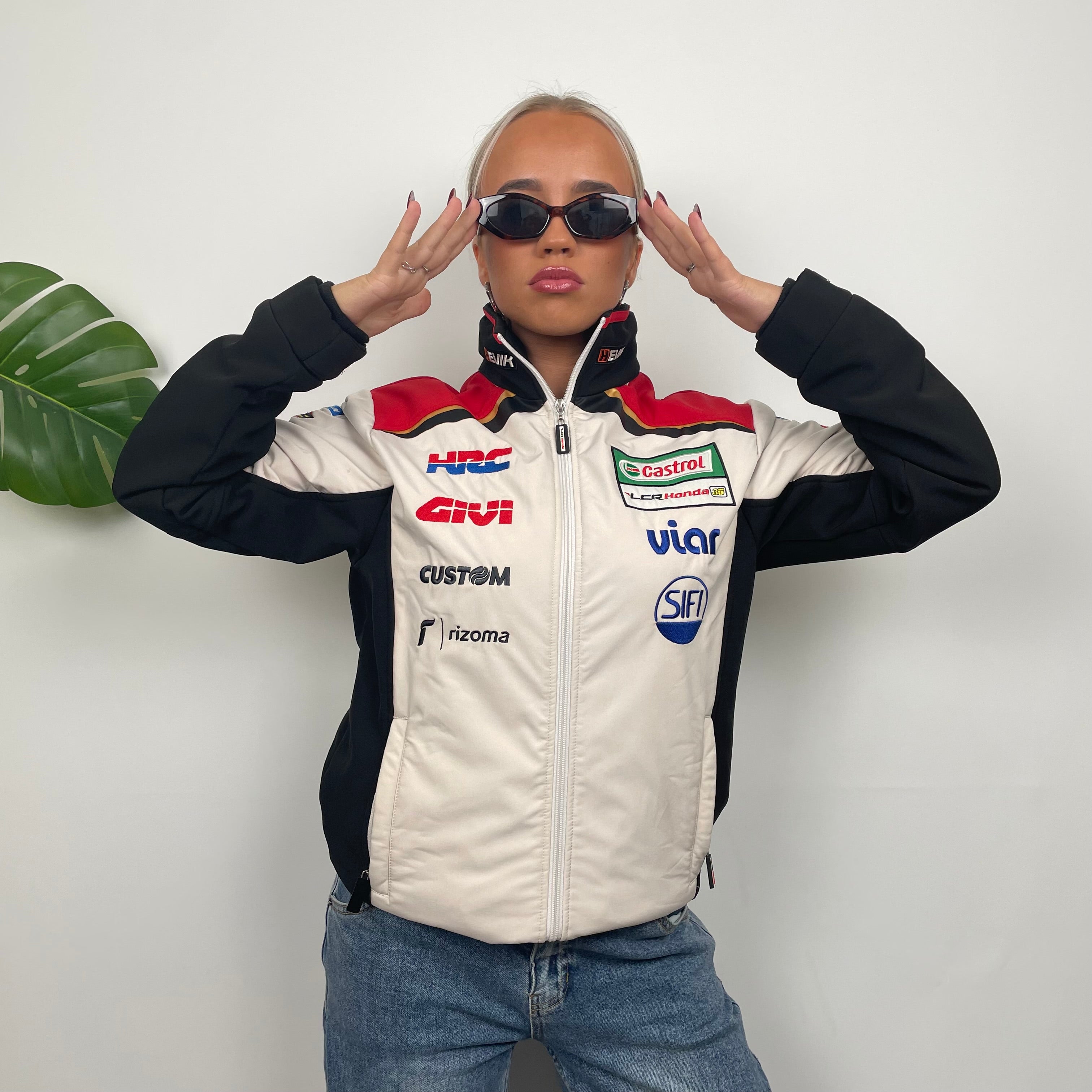 Honda Racing White Spell Out Zip Up Sweatshirt Jacket (M)