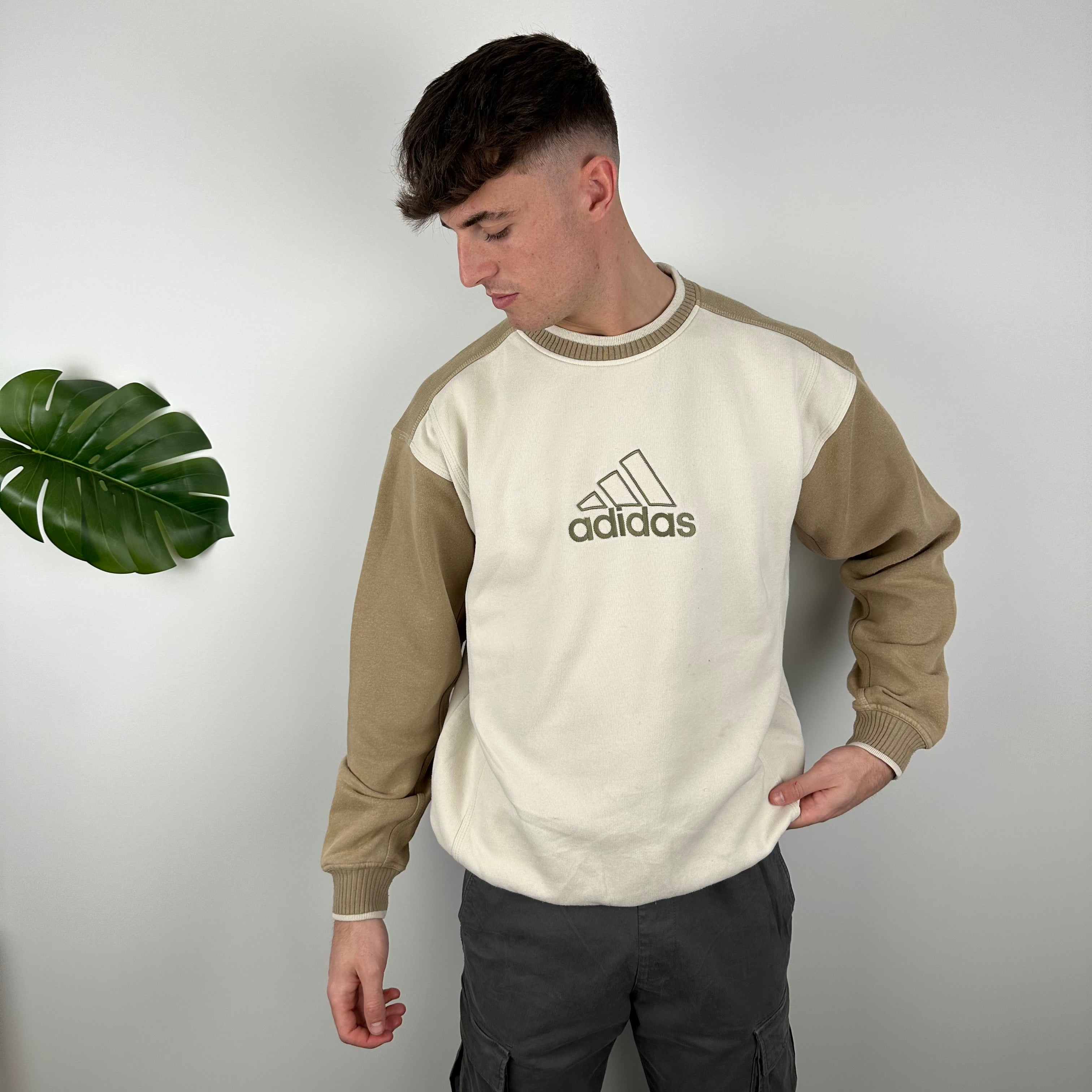 Adidas Cream and Tan Brown Embroidered Spell Out Sweatshirt (M)