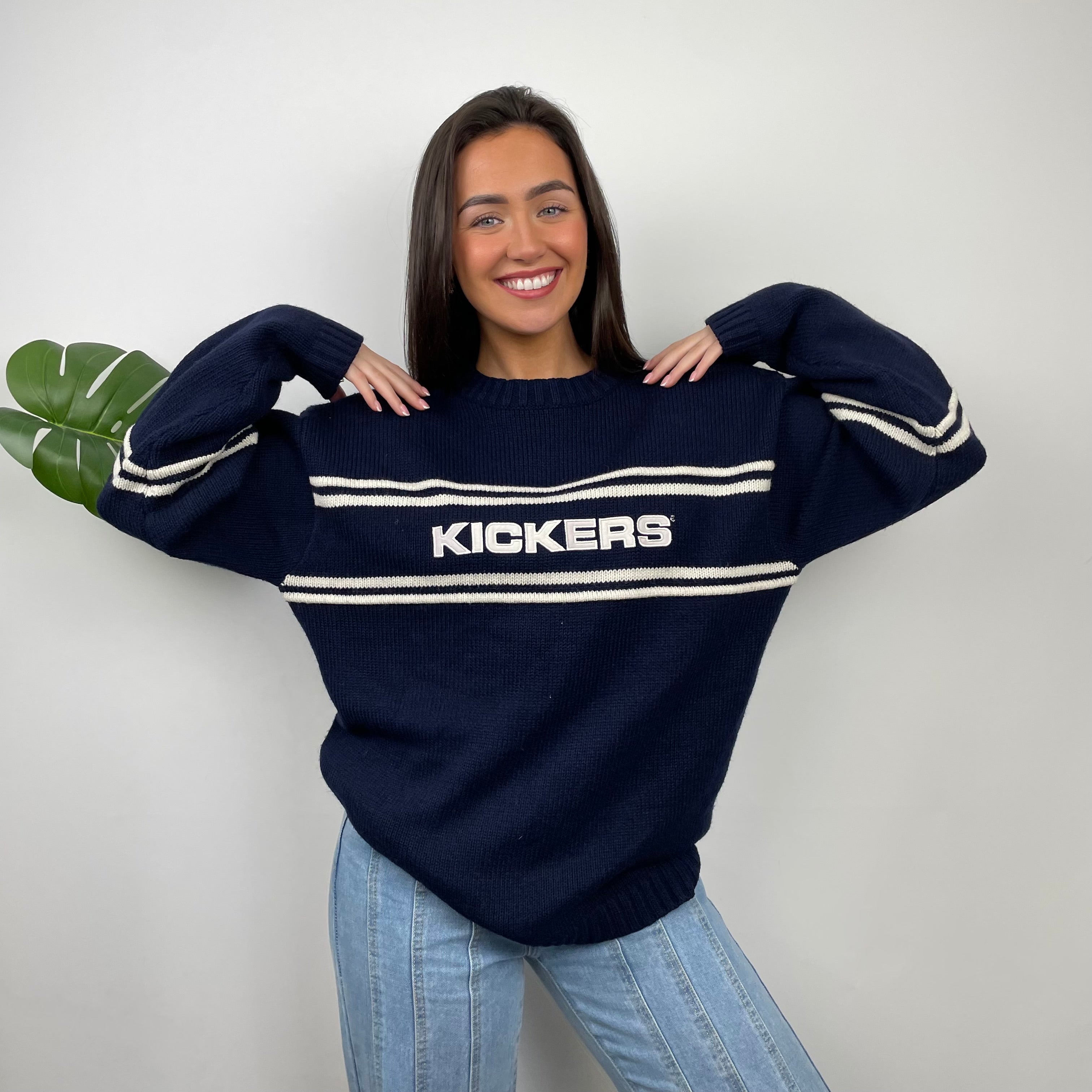 Kickers RARE Navy & Cream Embroidered Spell Out Knitted Sweater (L)