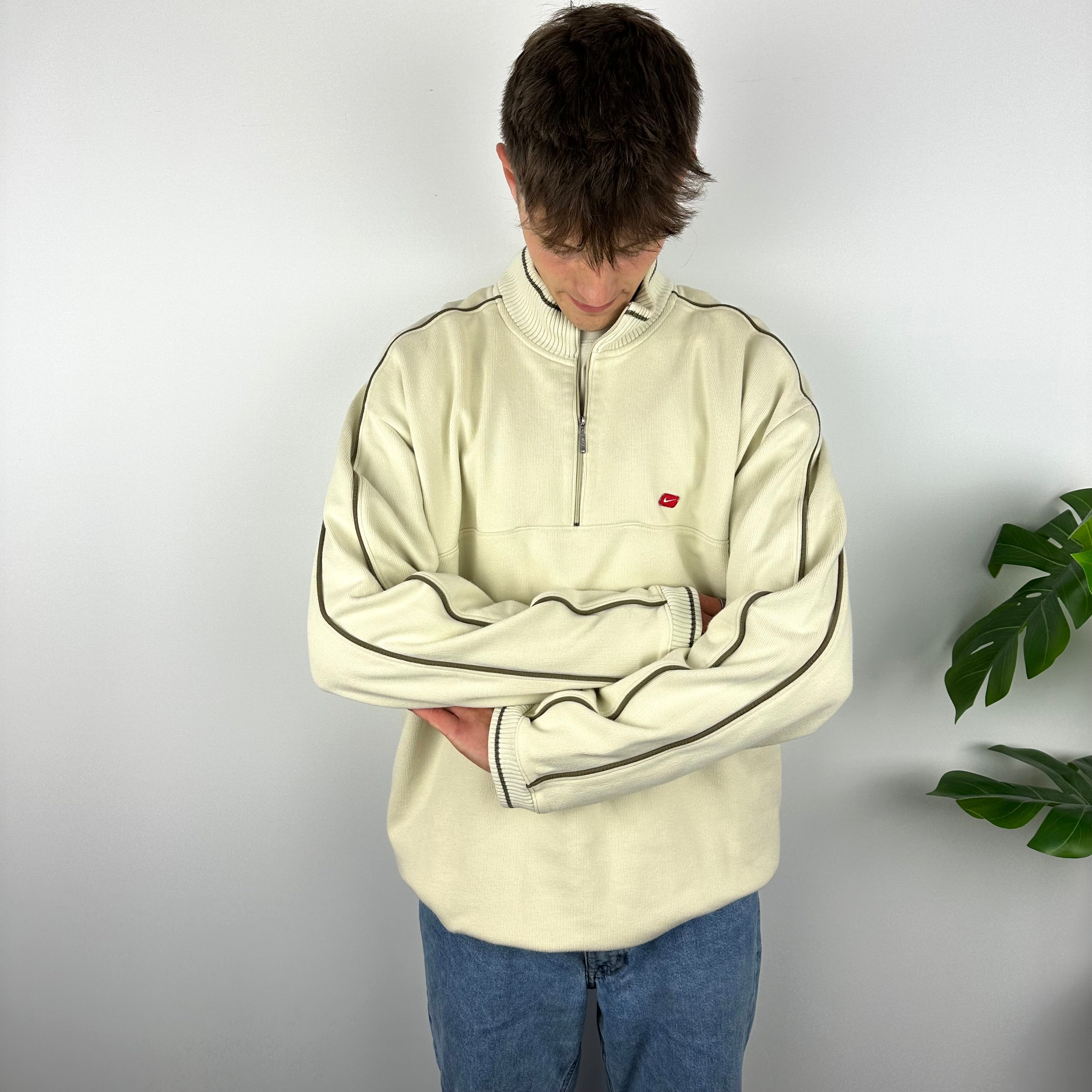 Nike RARE Cream Embroidered Swoosh Quarter Zip Sweatshirt (XXL)