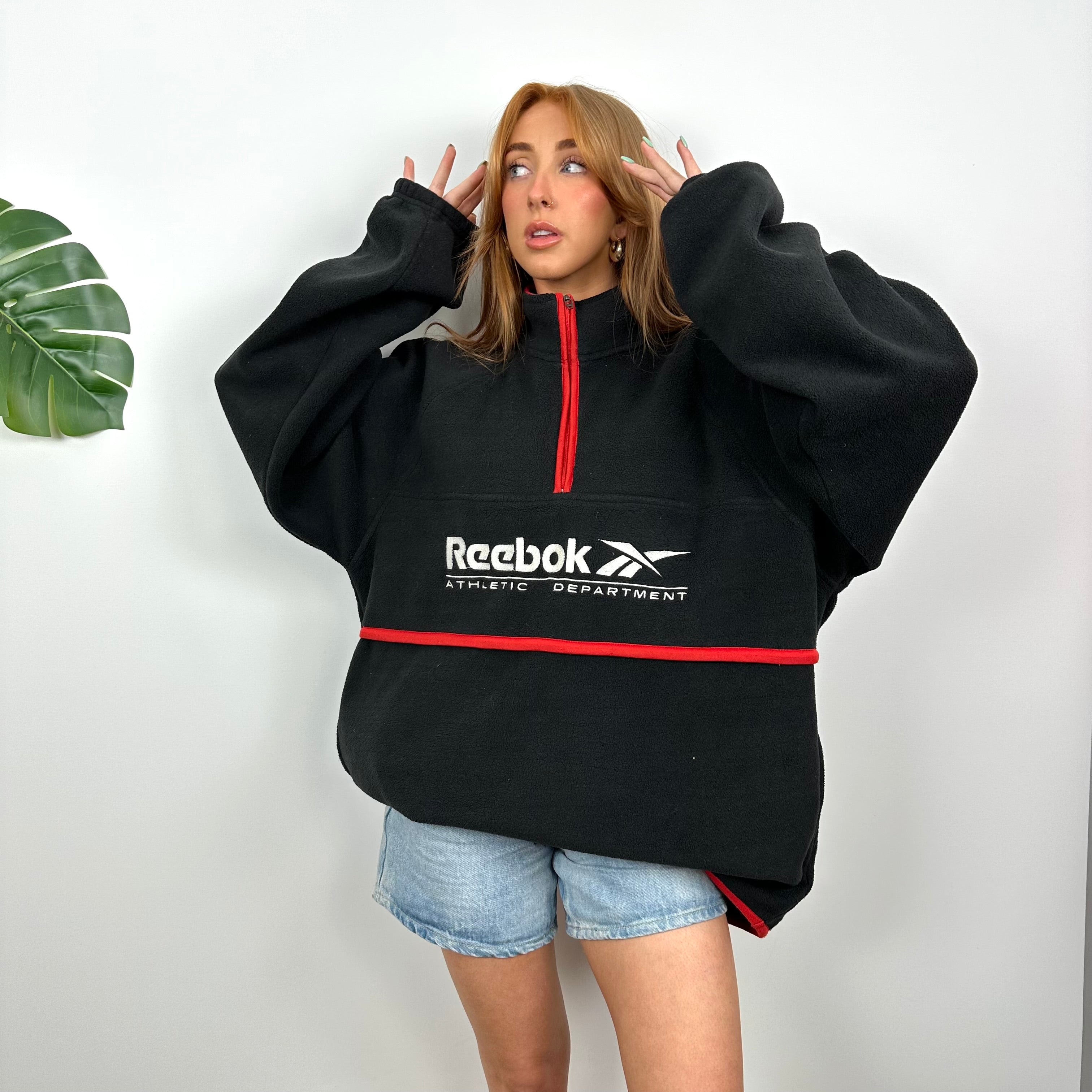 Reebok RARE Black Embroidered Spell Out Teddy Bear Fleece Quarter Zip Sweatshirt (L)