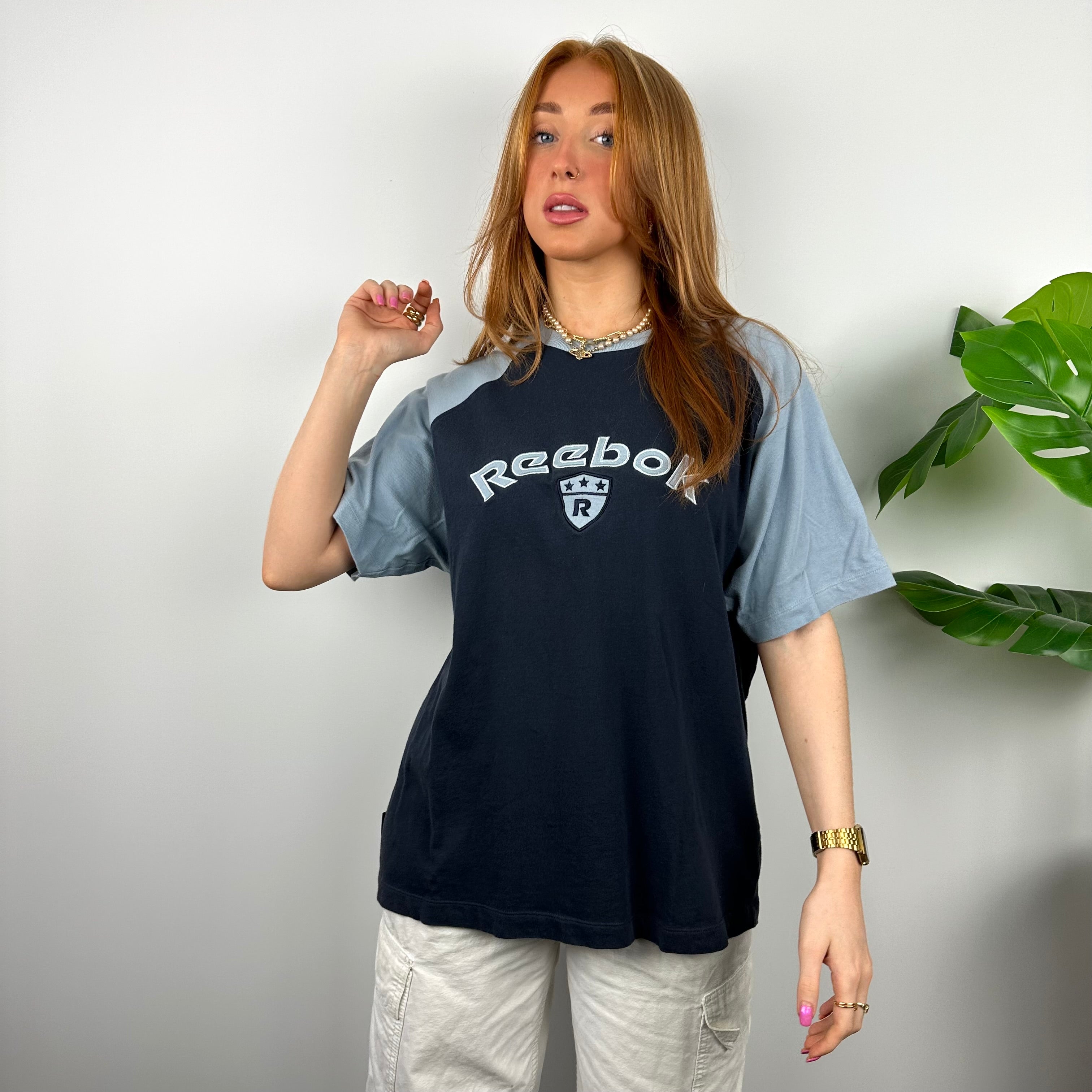 Reebok RARE Navy Embroidered Spell Out T Shirt (M)