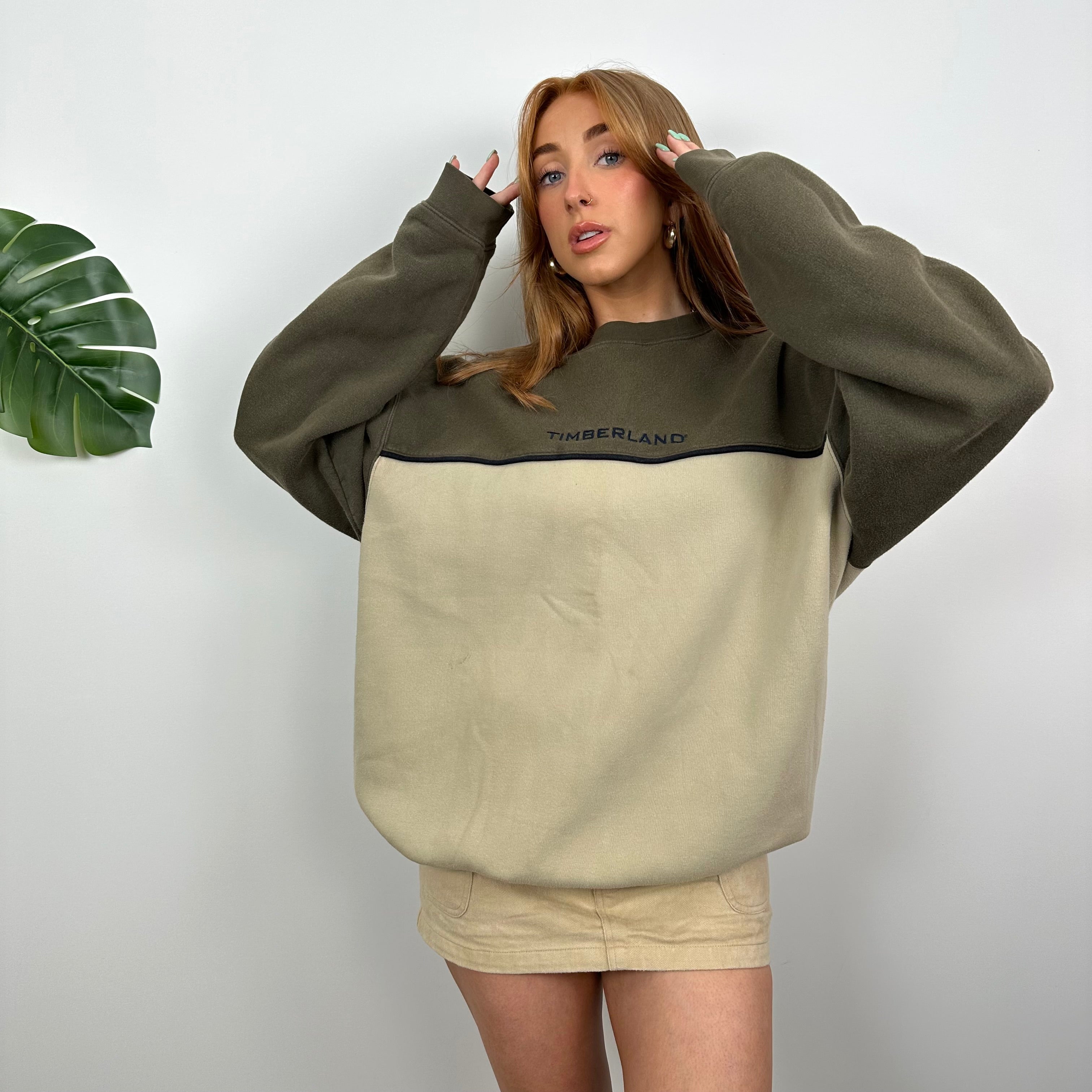 Timberland RARE Khaki and Tan Embroidered Spell Out Sweatshirt (L)