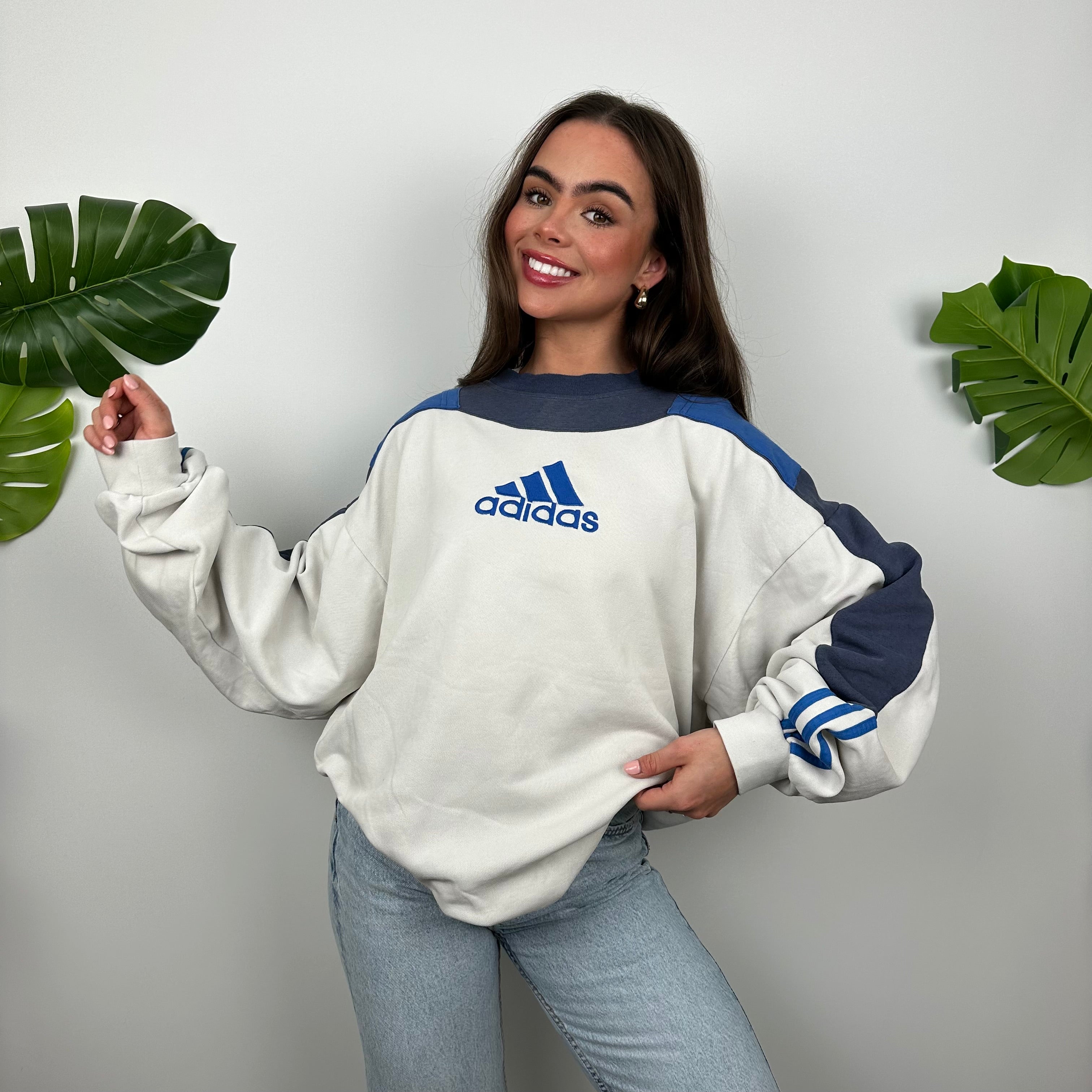 Adidas White and Navy Embroidered Spell Out Sweatshirt (L)