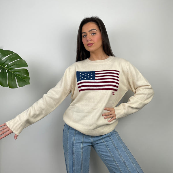 Polo Ralph Lauren Cream Embroidered Spell Out Knitted Sweater (M)