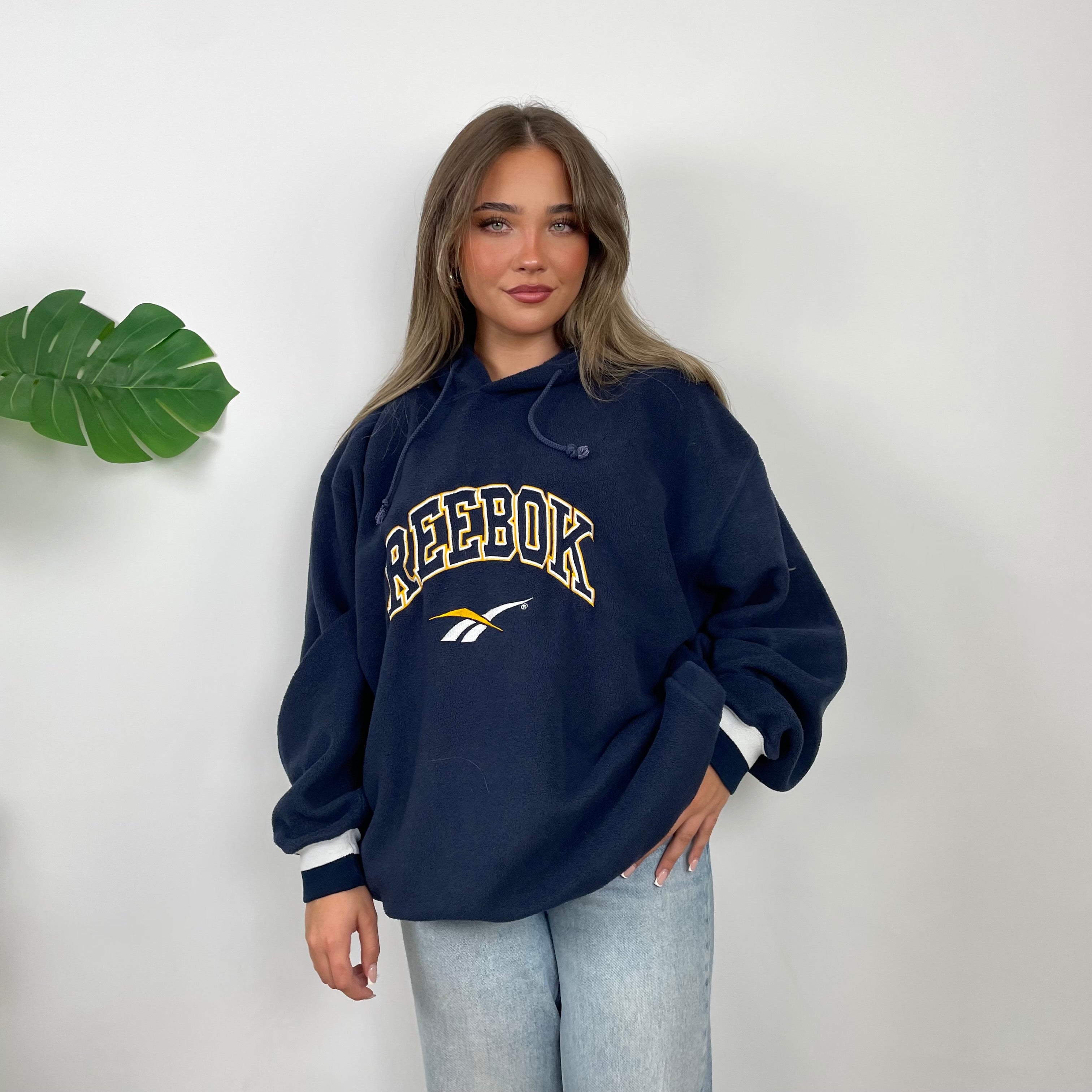 Reebok RARE Navy Embroidered Spell Out Teddy Bear Sherpa Fleece Hoodie (L)