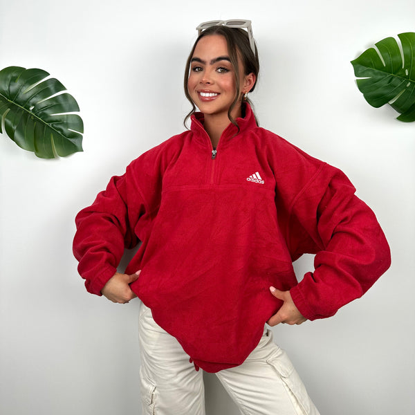 Adidas Red Embroidered Spell Out Teddy Bear Fleece Quarter Zip Sweatshirt (L)