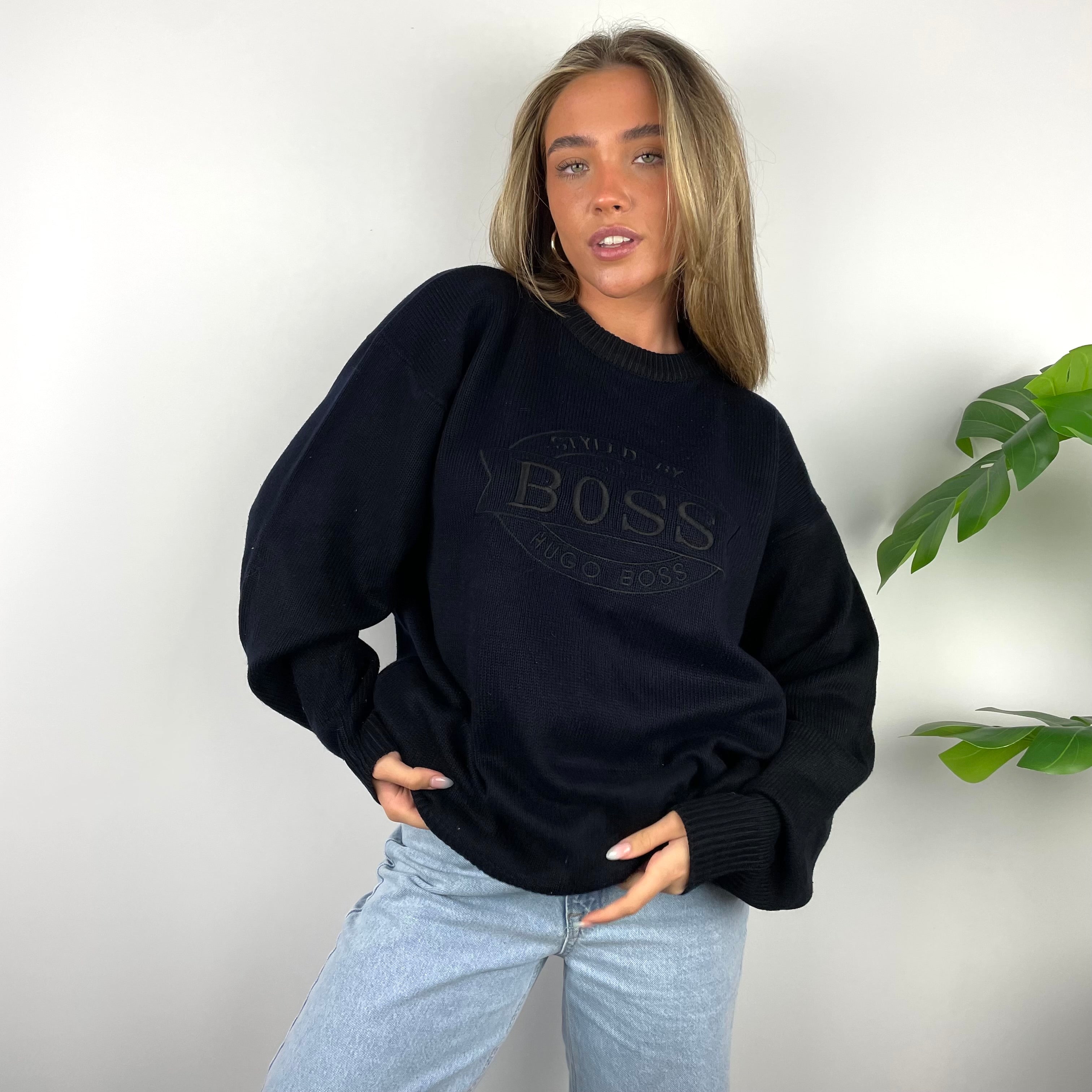 Hugo Boss RARE Navy Embroidered Spell Out Knitted Sweater (M)
