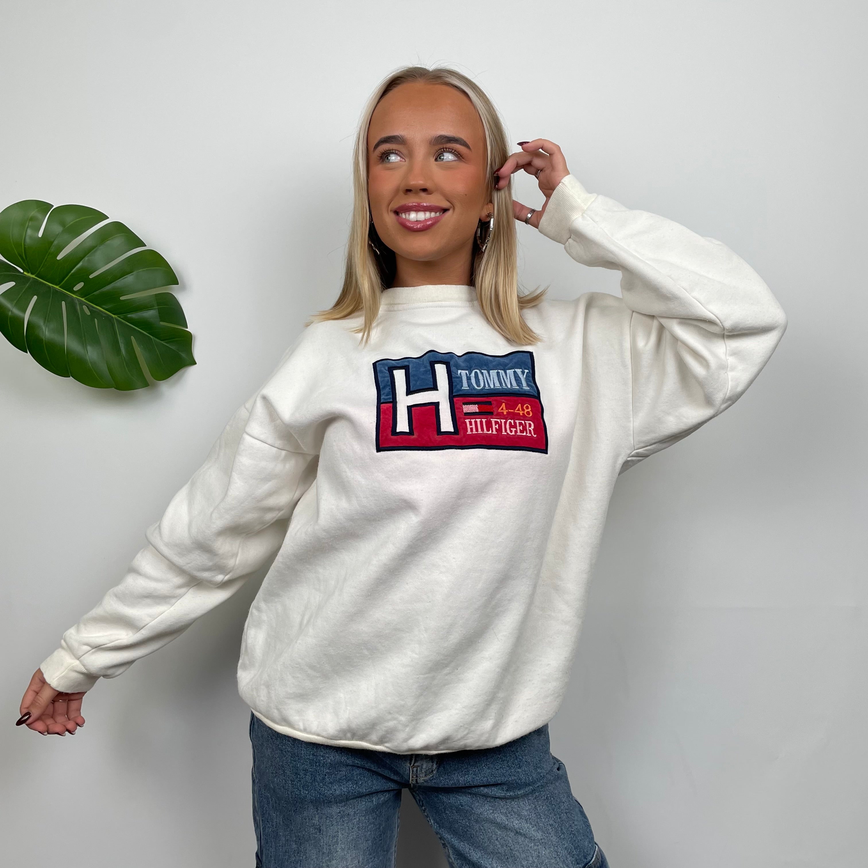 Tommy Hilfiger RARE Cream Embroidered Spell Out Sweatshirt