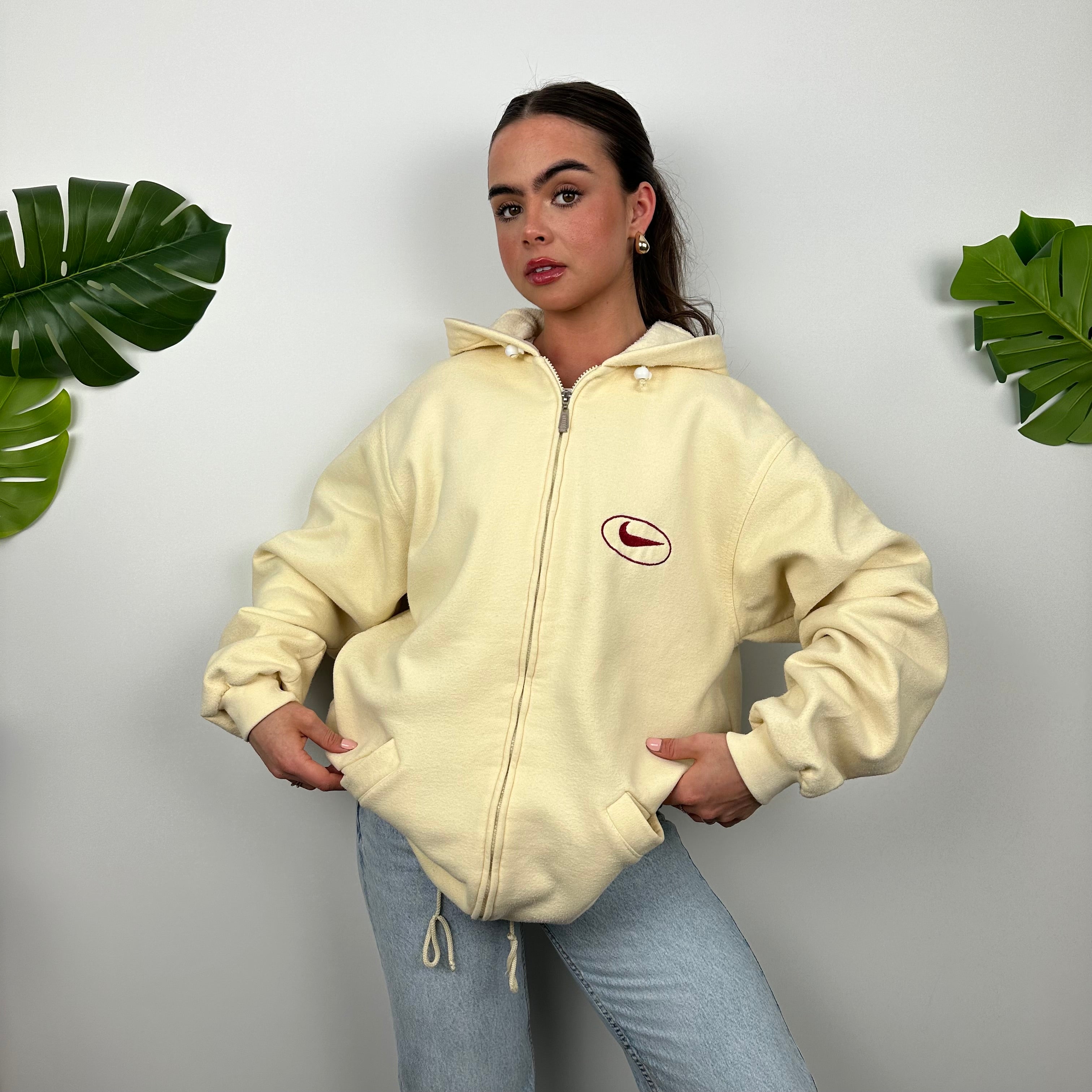 Nike Cream Embroidered Spell Out Zip Up Hoodie Jacket (L)