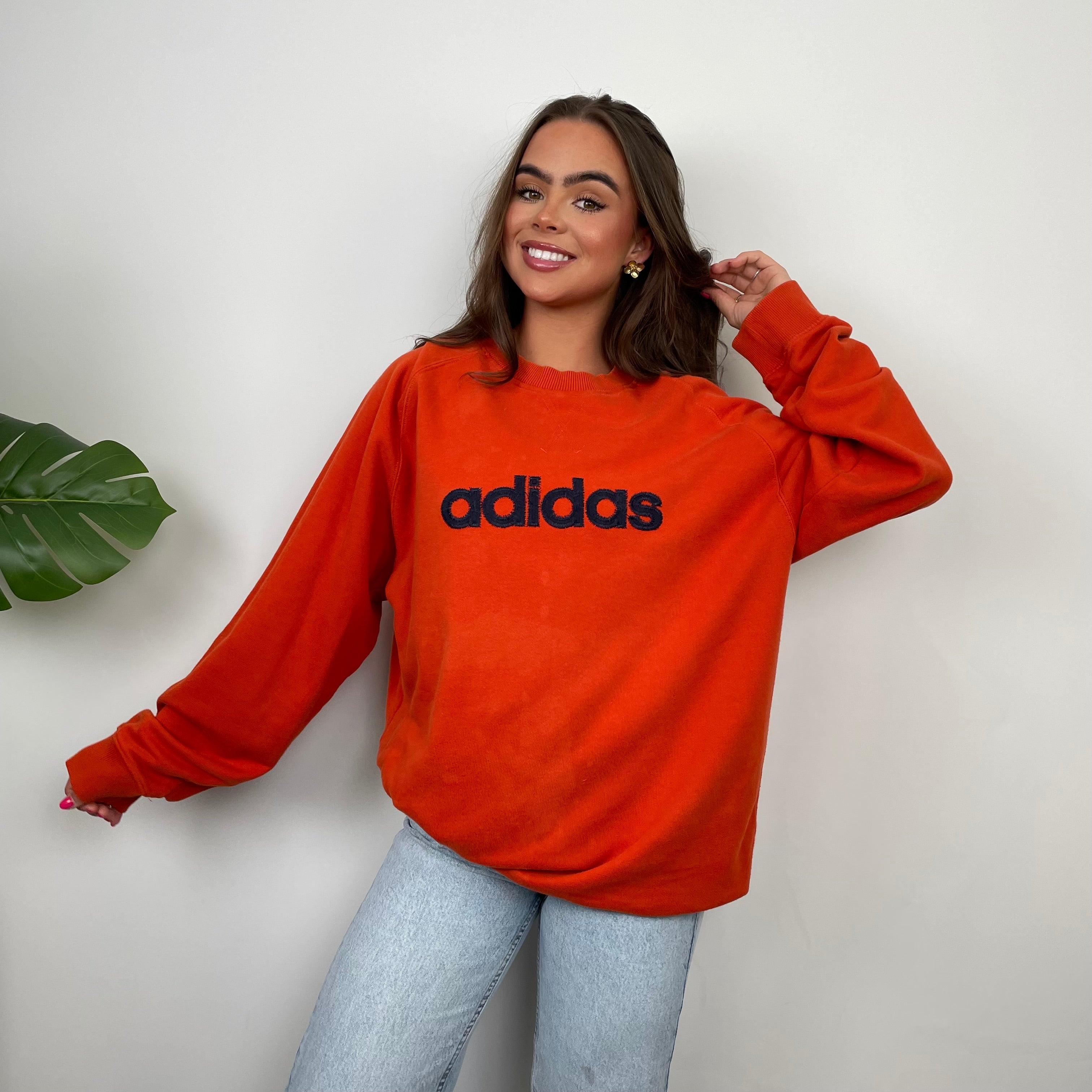 Adidas Orange Embroidered Spell Out Sweatshirt (XL)