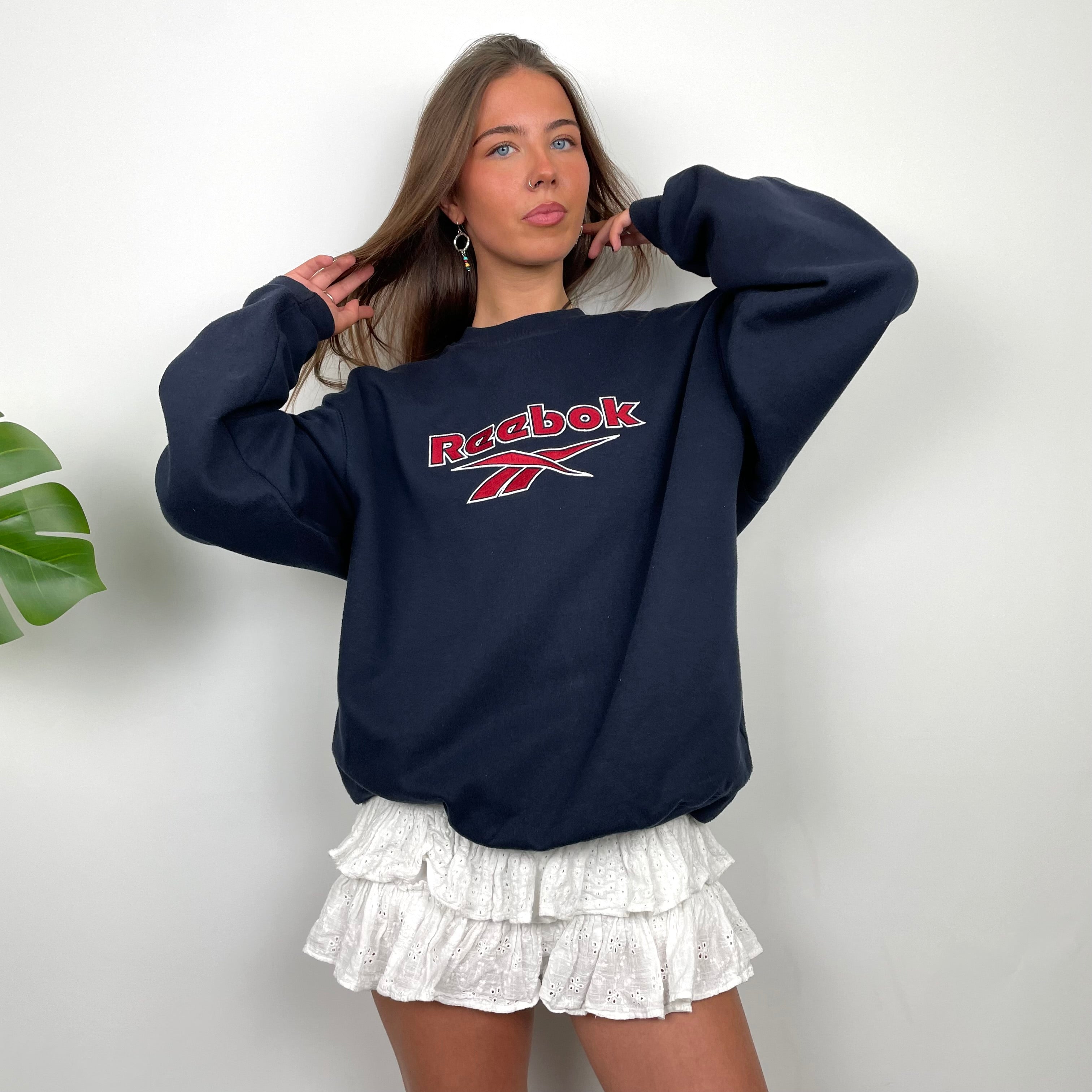 Reebok RARE Navy Embroidered Spell Out Sweatshirt (L)