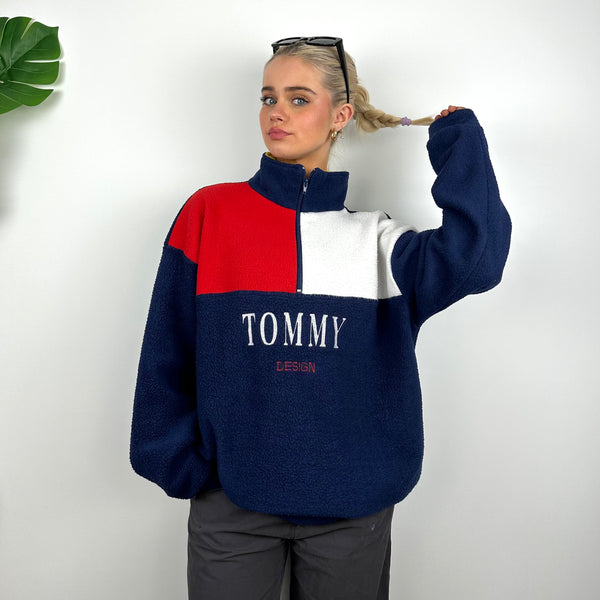 Tommy Hilfiger Embroidered Spell Out Teddy Bear Fleece Quarter Zip Sweatshirt (L)