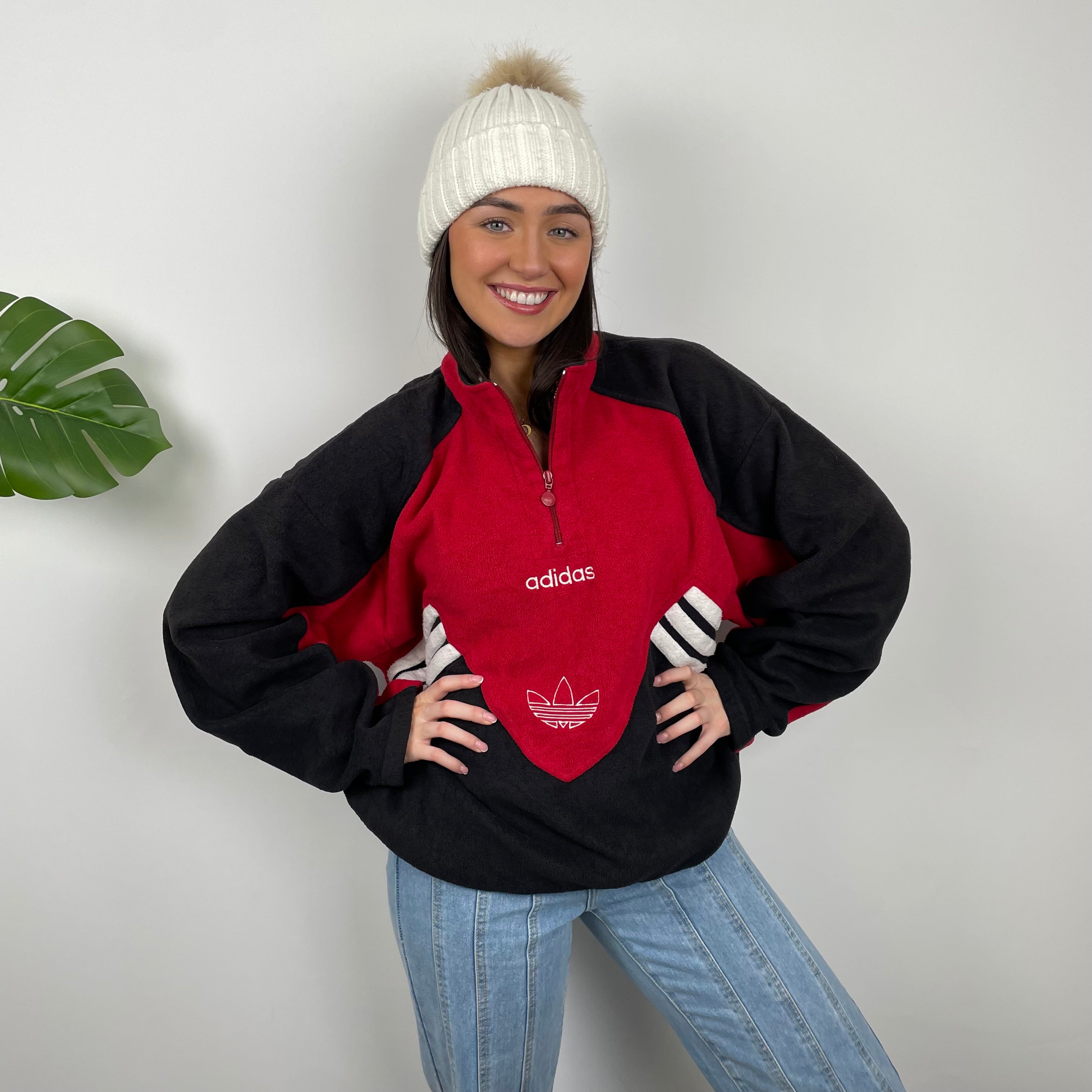 Adidas Red Colour Block Embroidered Spell Out Teddy Bear Fleece Quarter Zip Sweatshirt (L)