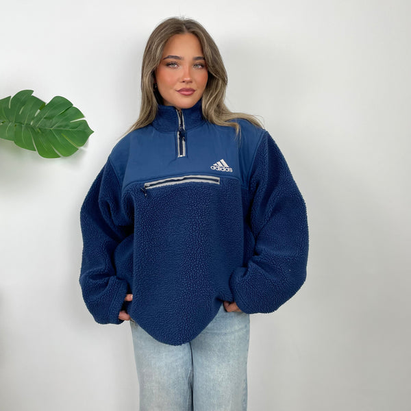 Adidas Navy Embroidered Spell Out Teddy Bear Sherpa Fleece Quarter Zip Sweatshirt (XL)