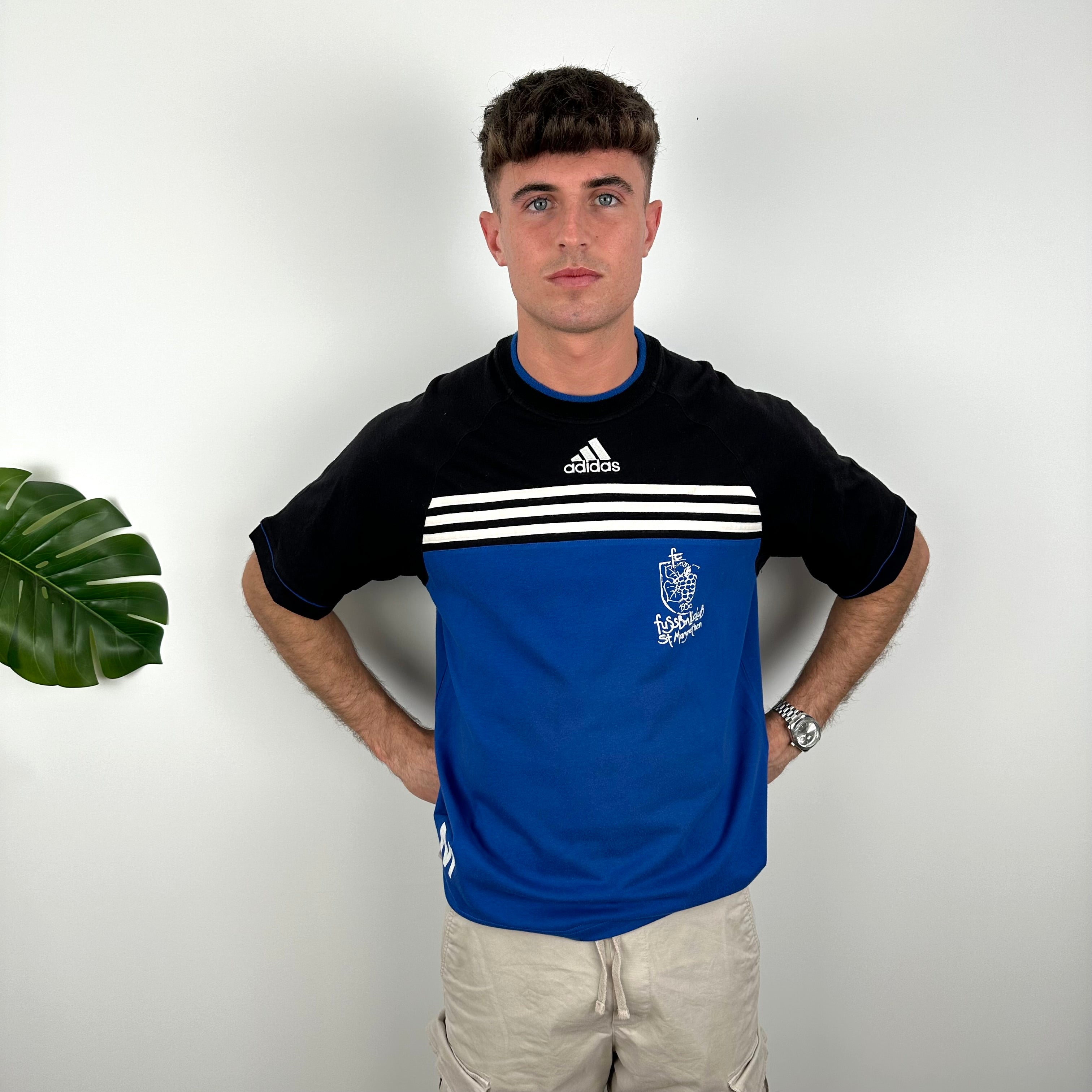 Adidas RARE Black & Blue Embroidered Spell Out T Shirt (L)