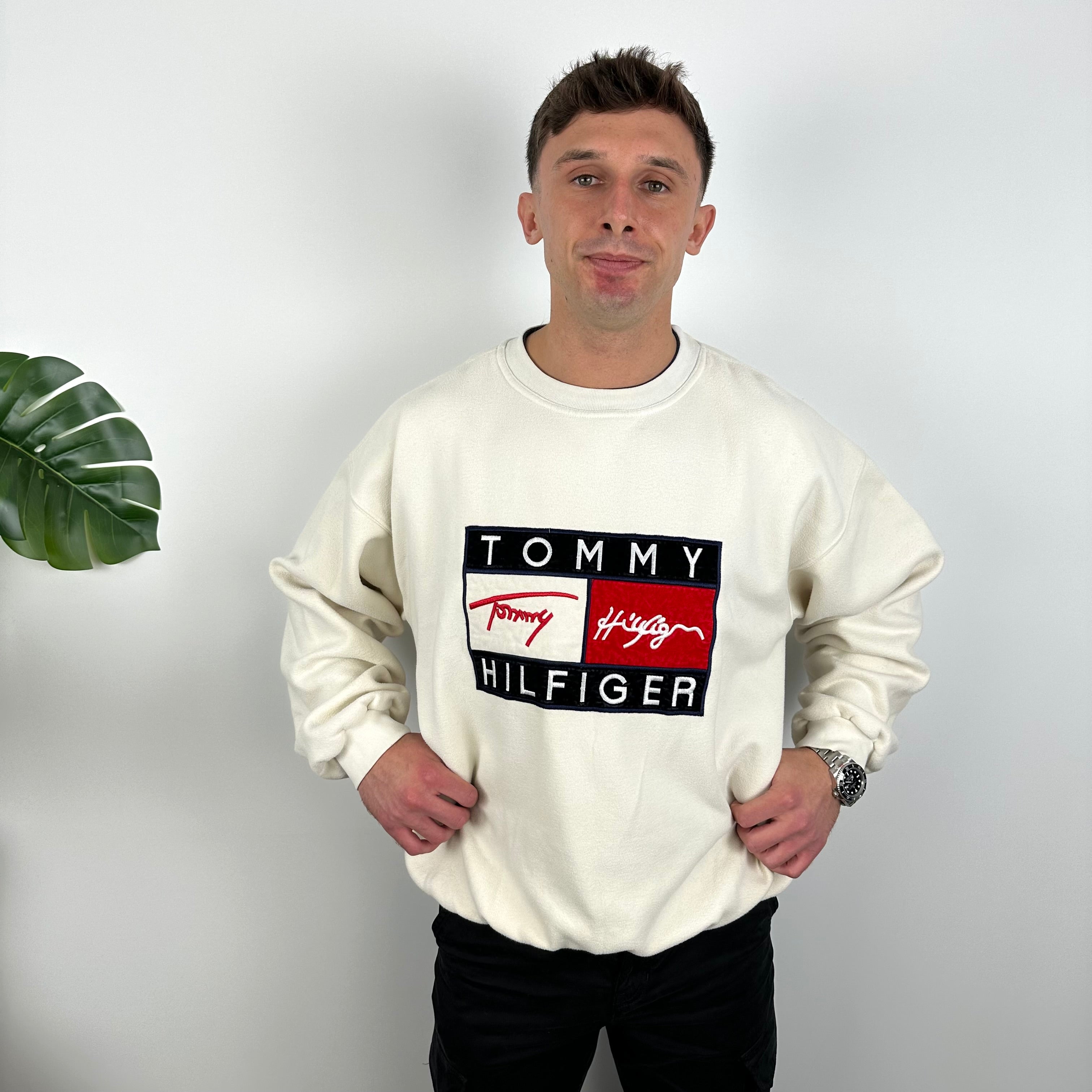 Tommy Hilfiger RARE Cream Embroidered Spell Out Sweatshirt (L)