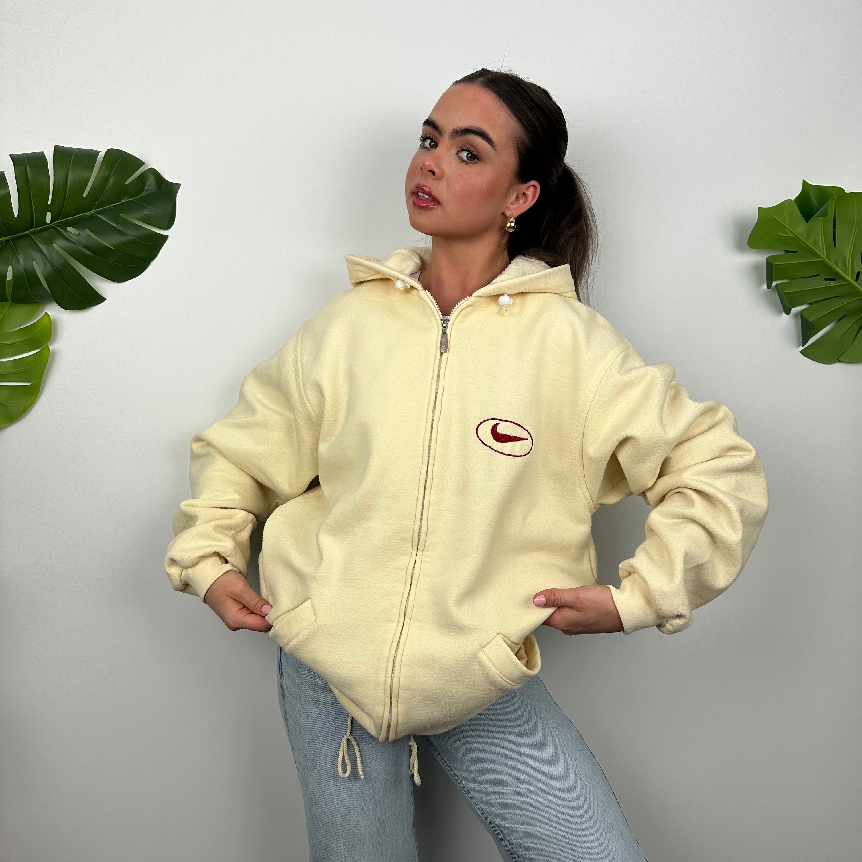 Nike Cream Embroidered Spell Out Zip Up Hoodie Jacket (L)