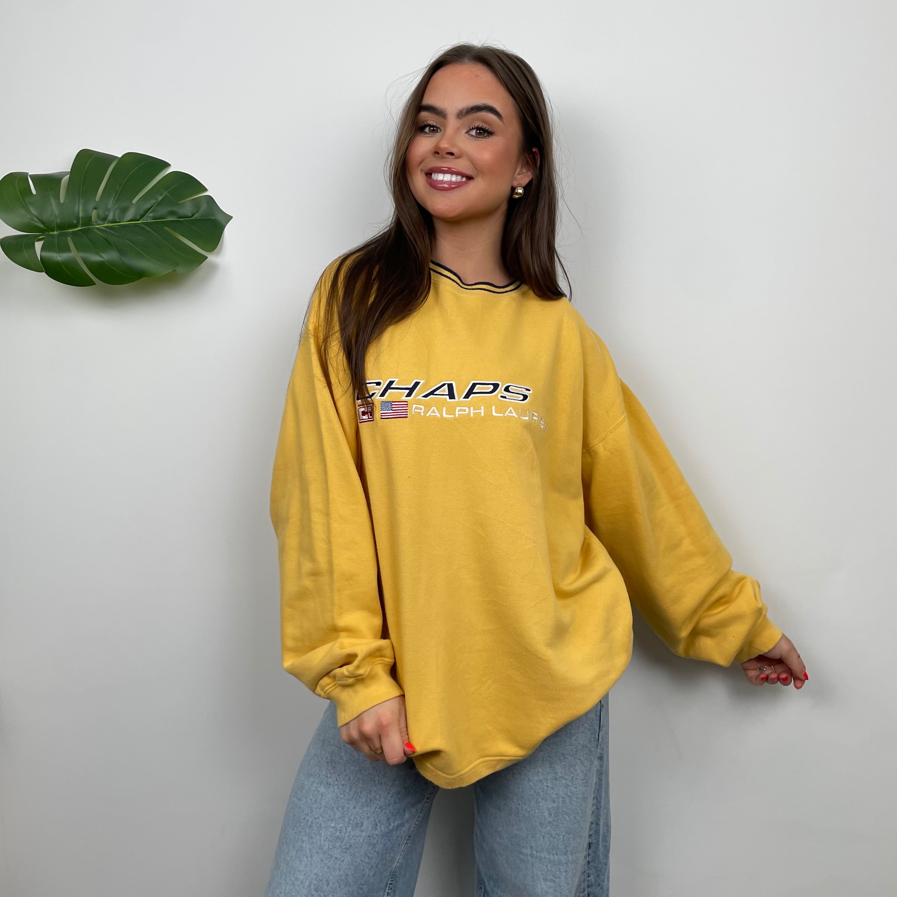 Chaps Ralph Lauren RARE Yellow Embroidered Spell Out Sweatshirt (L)