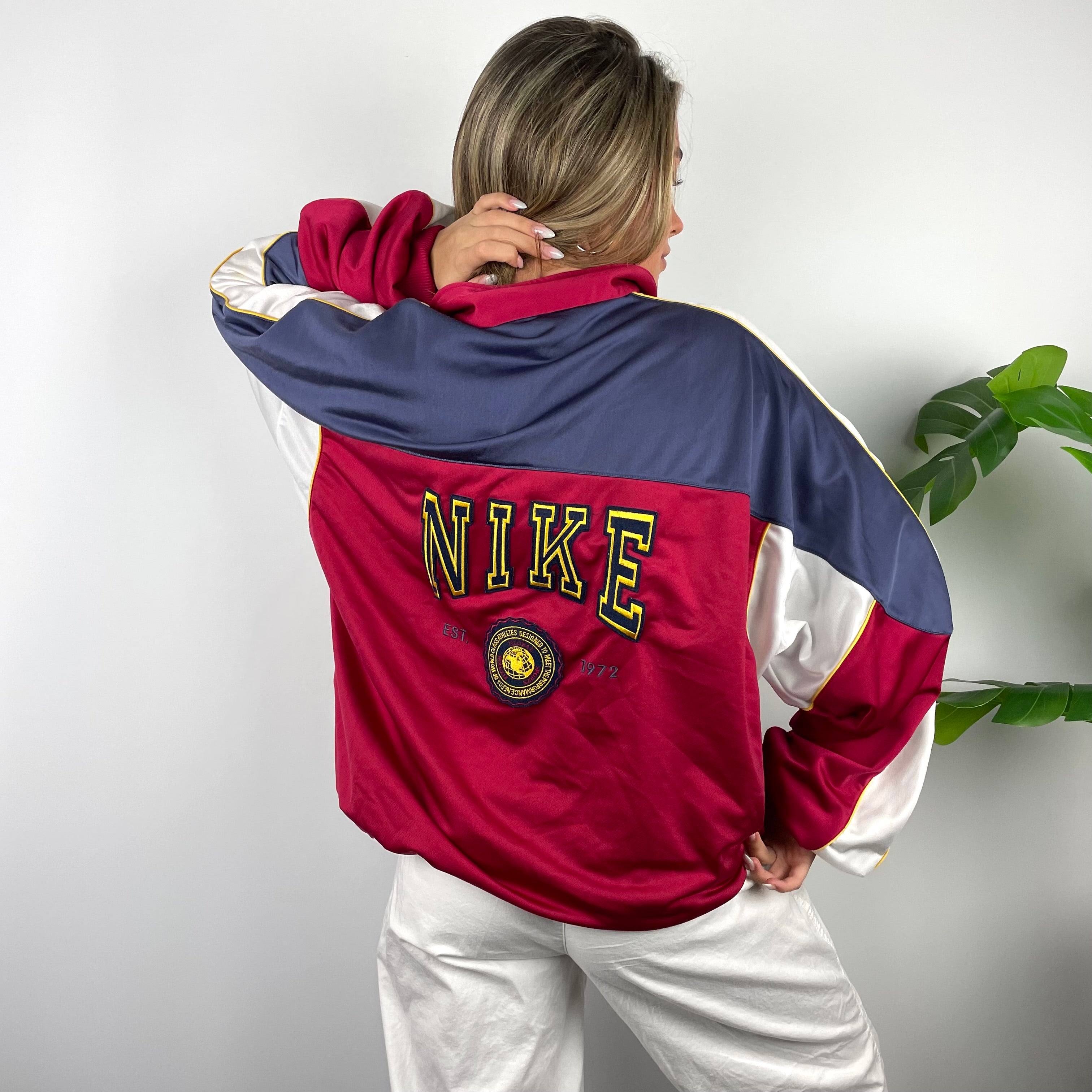 Nike RARE Red Embroidered Spell Out Zip Up Track Jacket (XL)