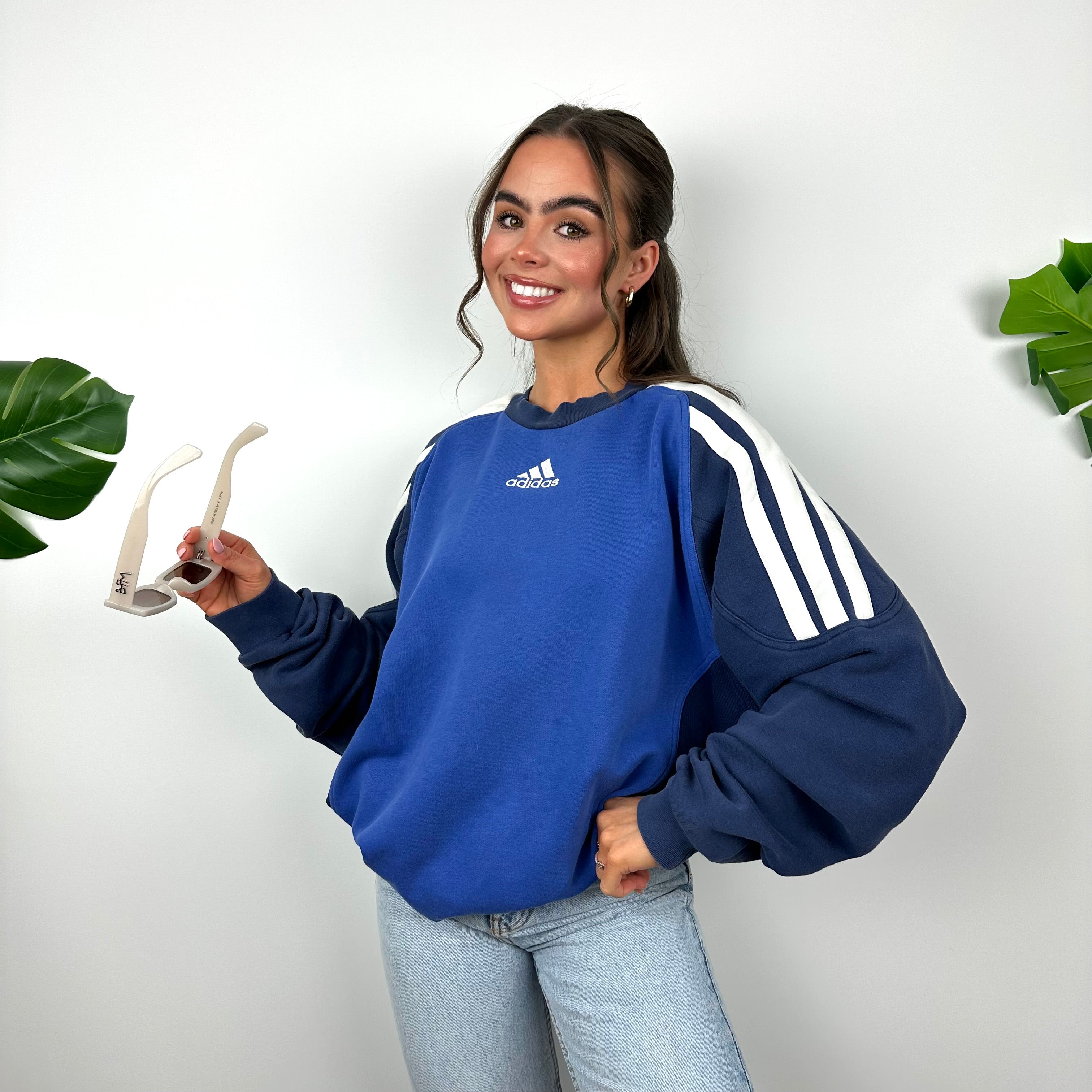 Adidas Blue Embroidered Spell Out Sweatshirt (XL)