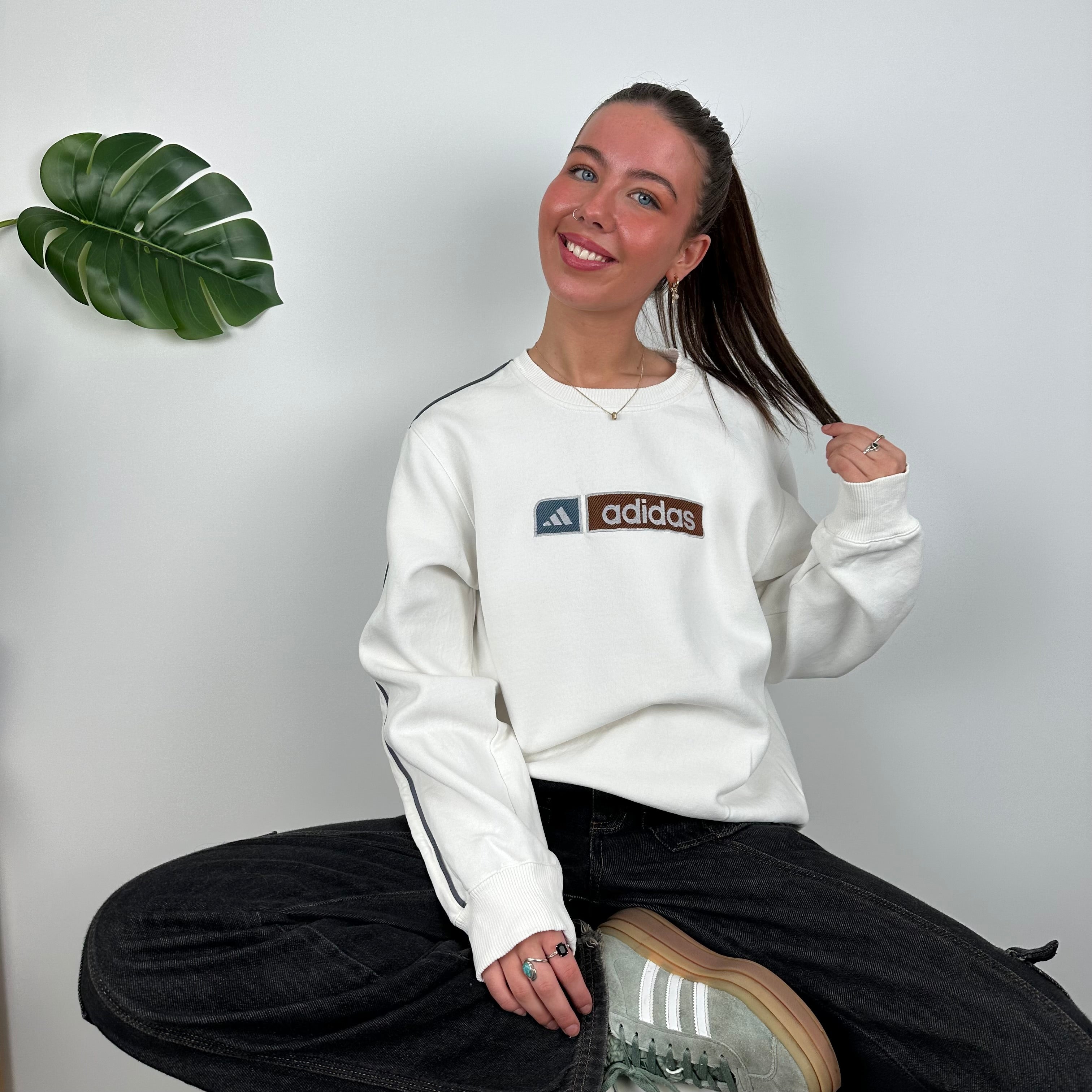 Adidas White Embroidered Spell Out Sweatshirt (M)