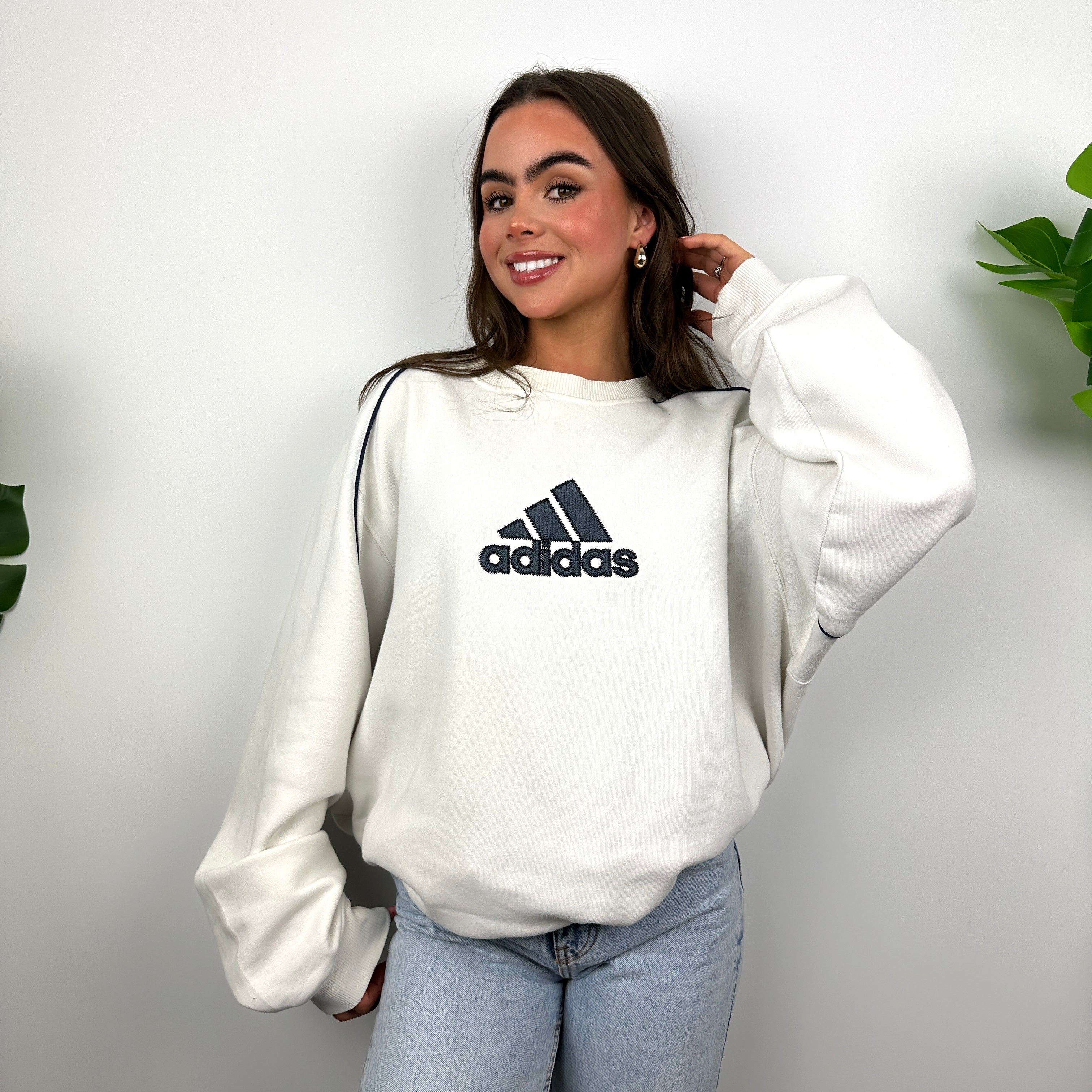 Adidas White Embroidered Spell Out Sweatshirt (L)