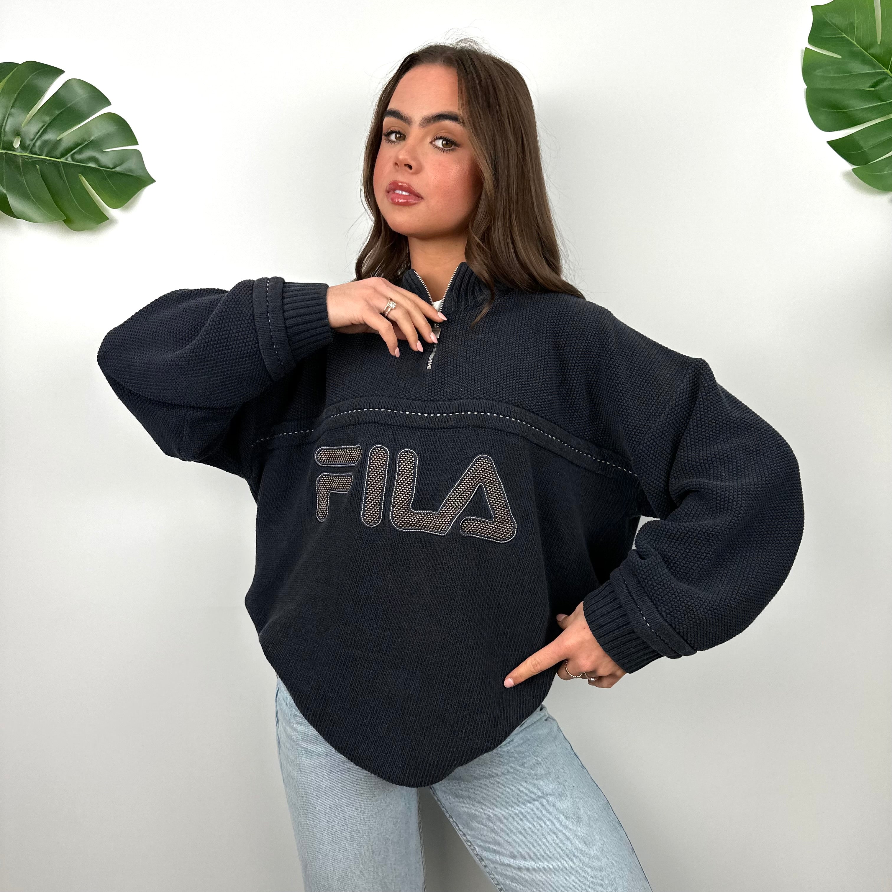 FILA Embroidered Spell Out Quarter Zip Knitted Sweater (M)