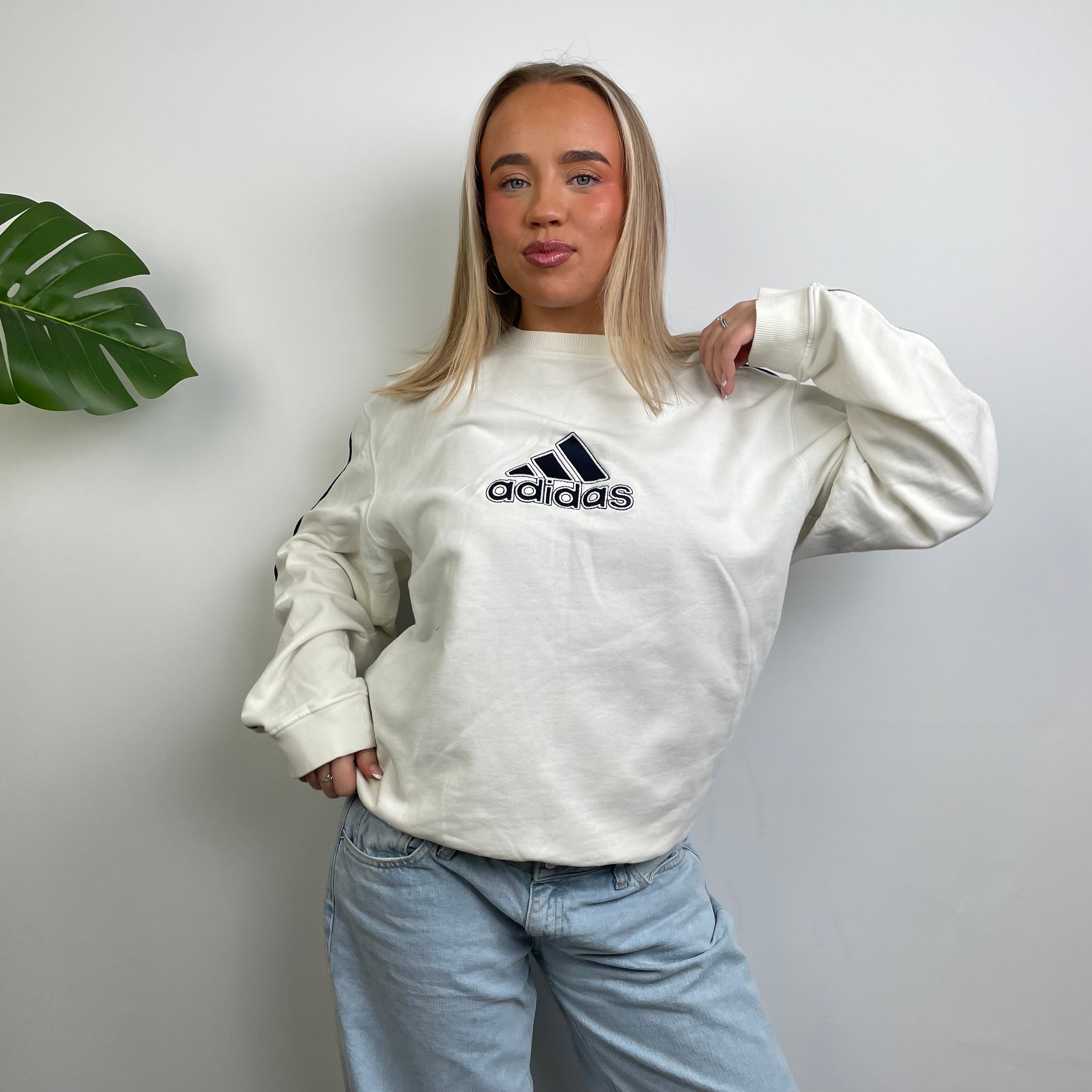 Adidas White Embroidered Spell Out Sweatshirt (L)